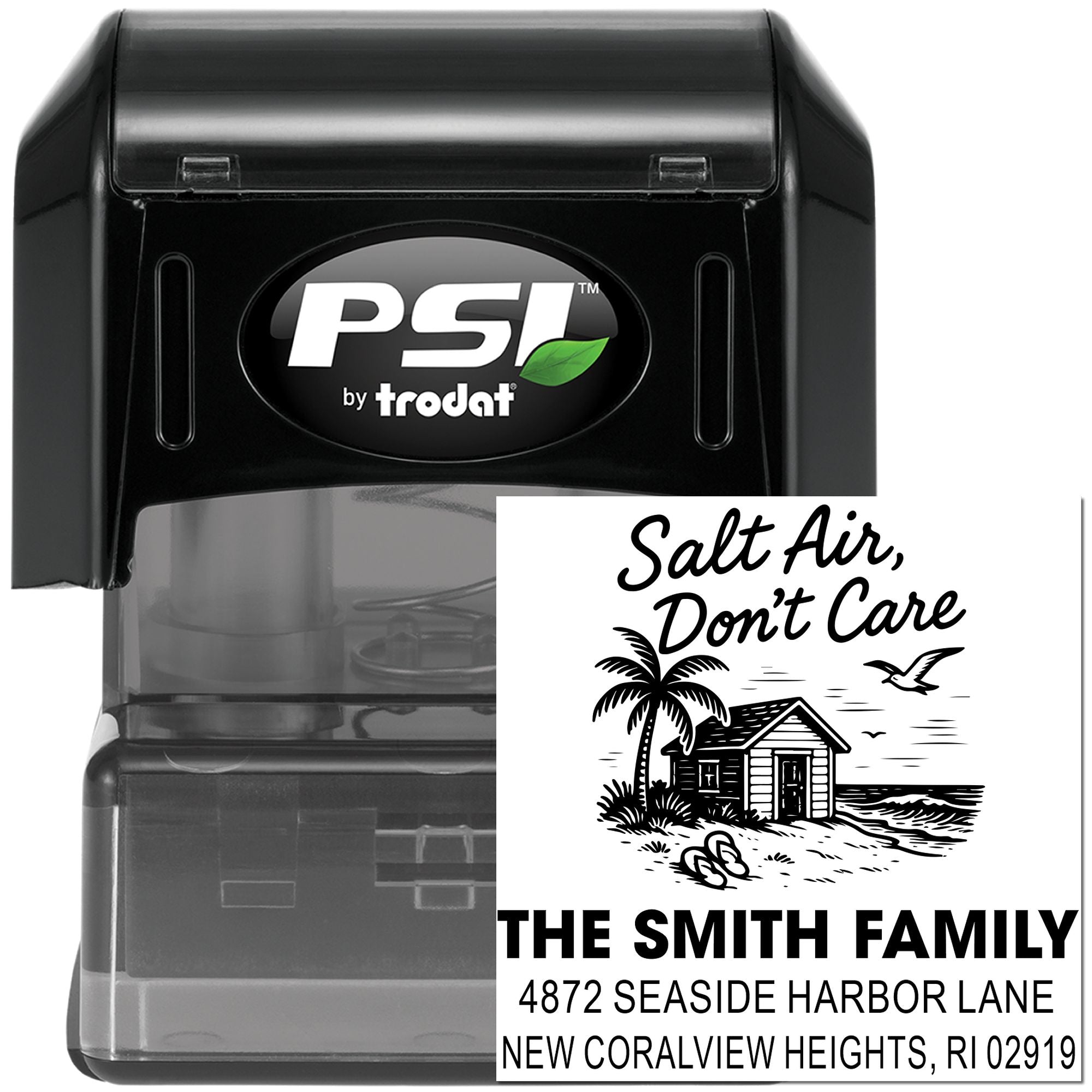 PSI by Trodat self-inking custom address rubber stamp with beach house design and Salt Air, Dont Care text.