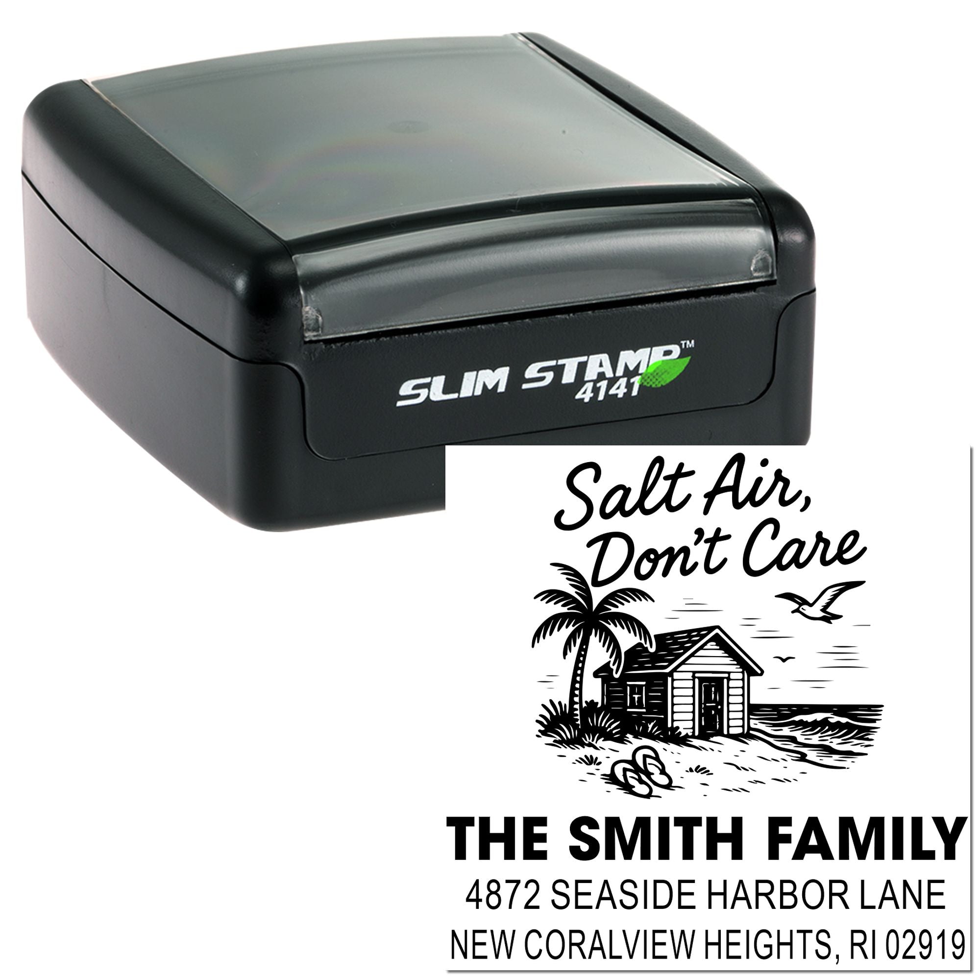 Custom self-inking rubber stamp with beach house return address, Salt Air, Dont Care design for The Smith Family.