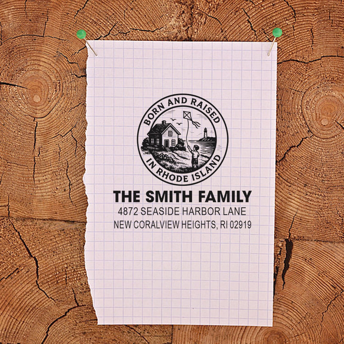 Custom Rhode Island family return address rubber stamp with "Born and Raised in Rhode Island" design for The Smith Family.