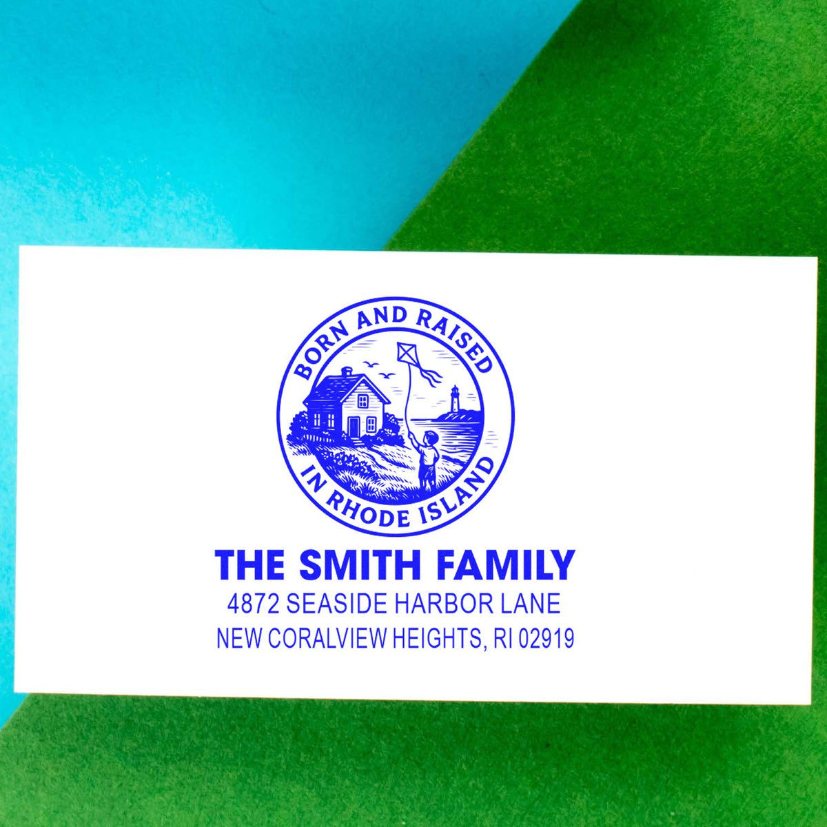 Custom Rhode Island family address rubber stamp with Born and Raised design and personalized return address.