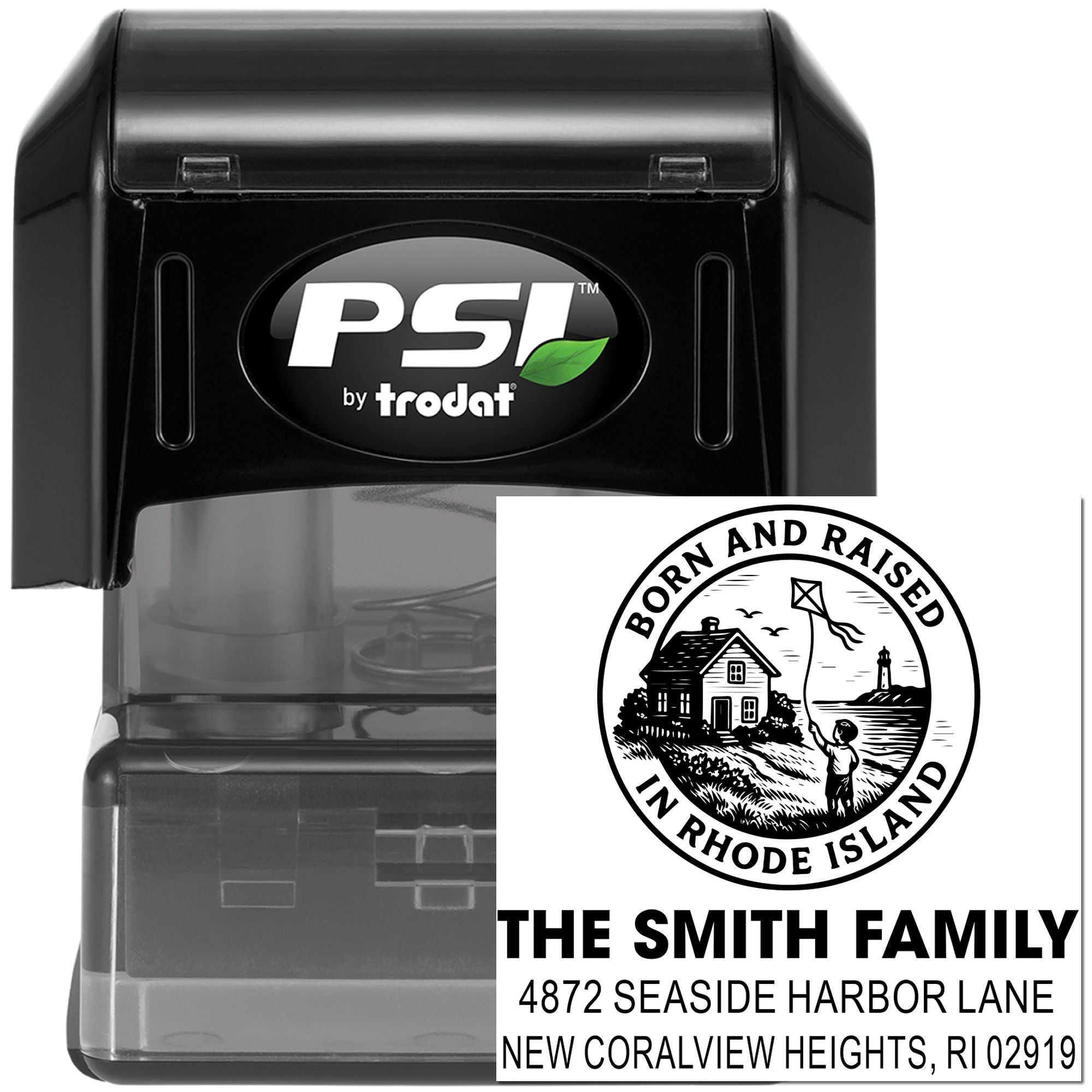 Custom self-inking rubber stamp by PSI Trodat with family return address and decorative round house seal.