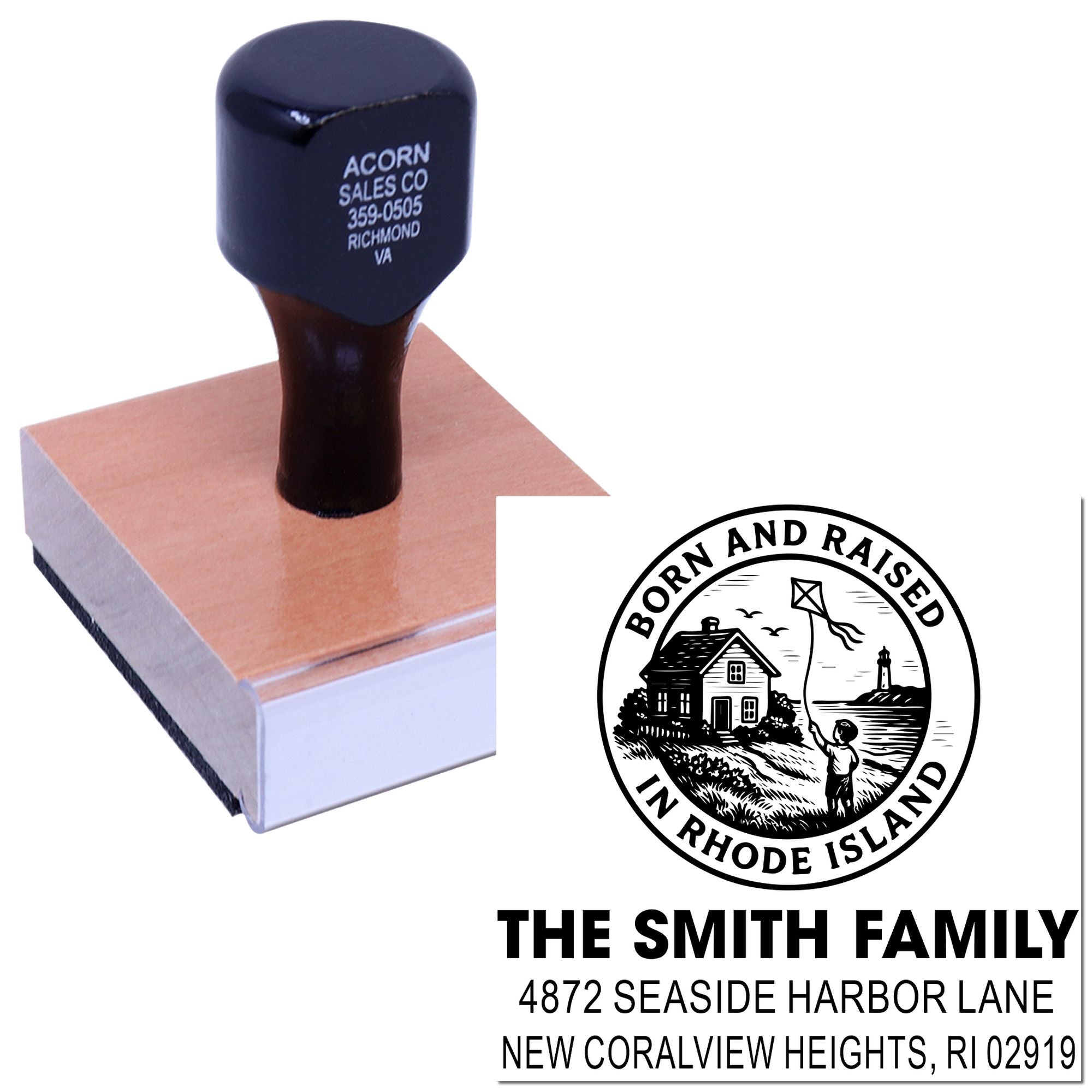 Custom rubber stamp with personalized family return address design and Rhode Island lighthouse logo.