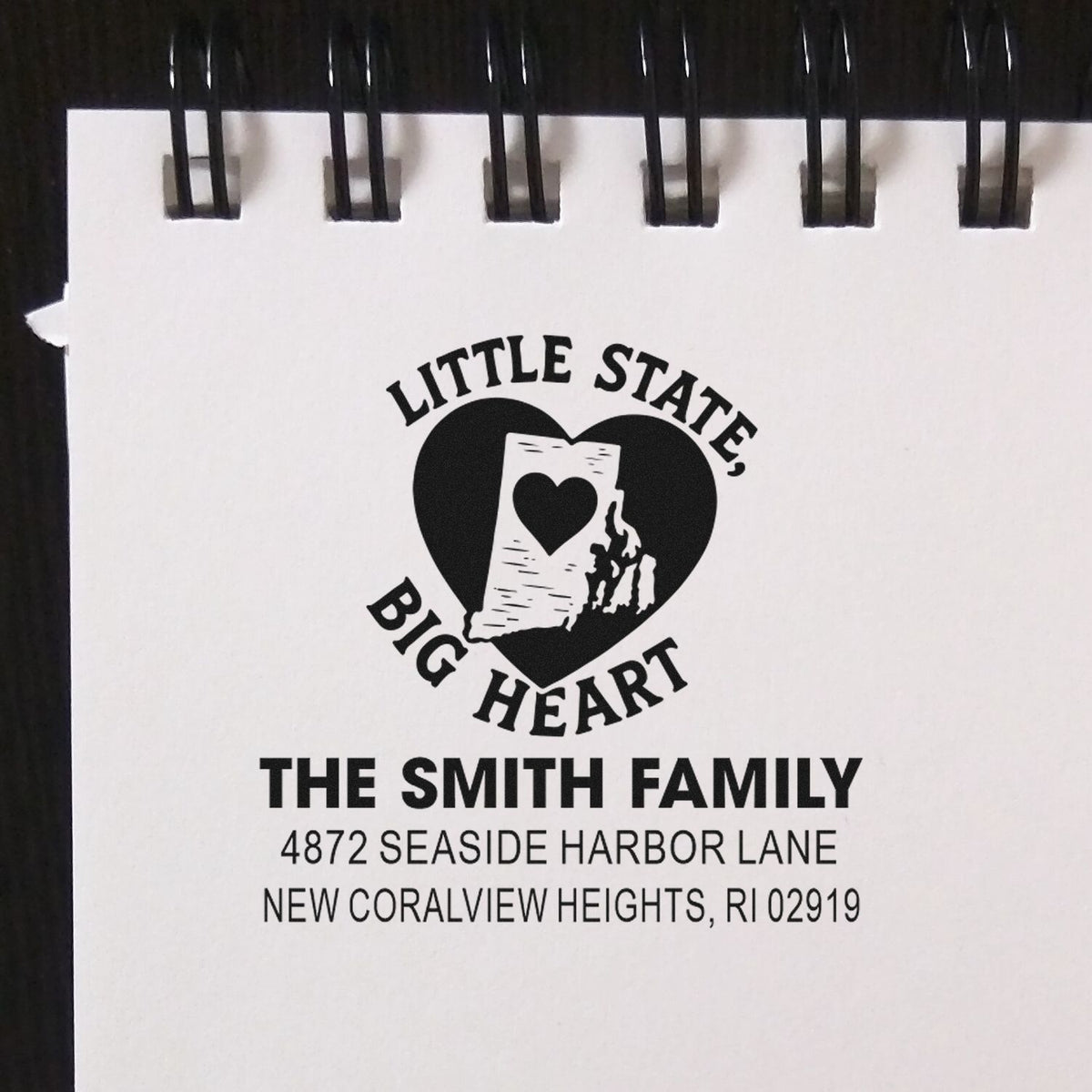 Custom Rhode Island rubber stamp with Little State, Big Heart logo, Smith family name, and return address for personalized mail.