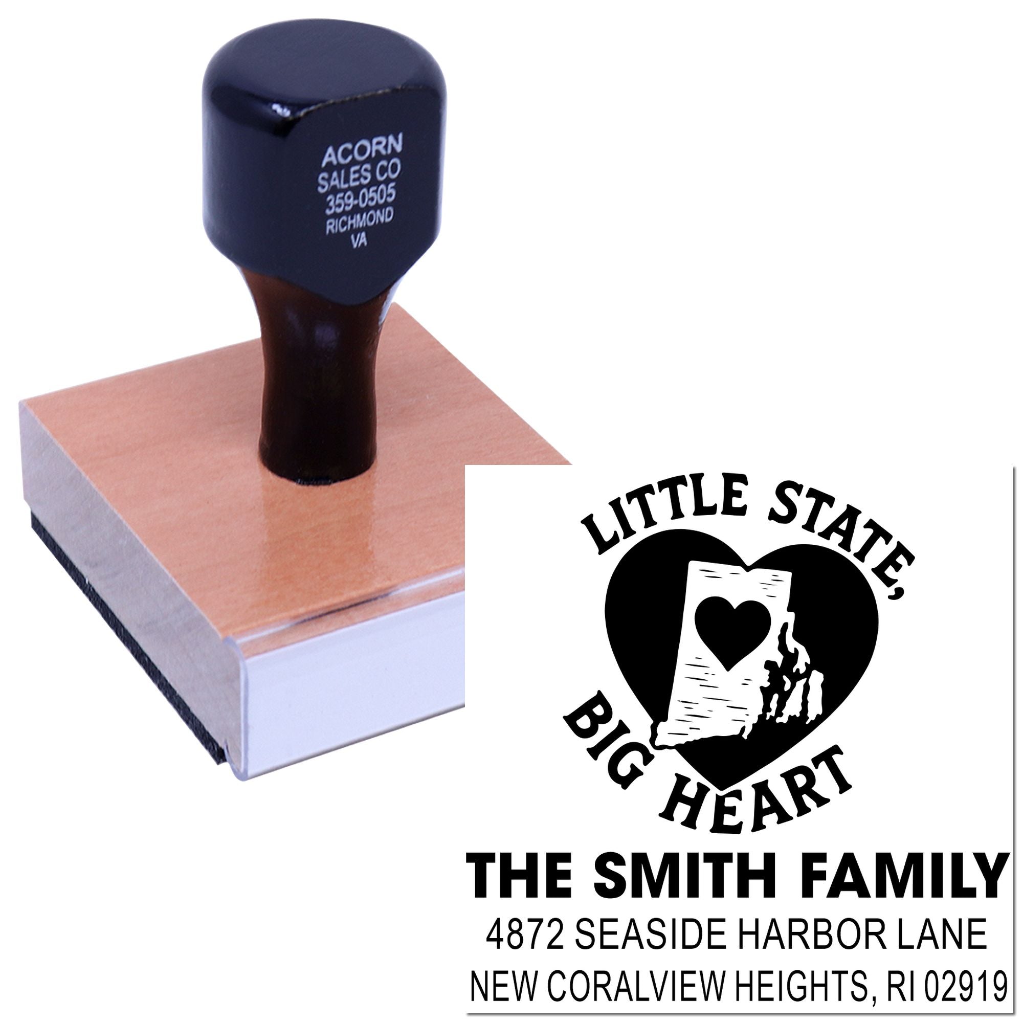 Custom rubber stamp with Little State, Big Heart Rhode Island family address design for personalized mailings.