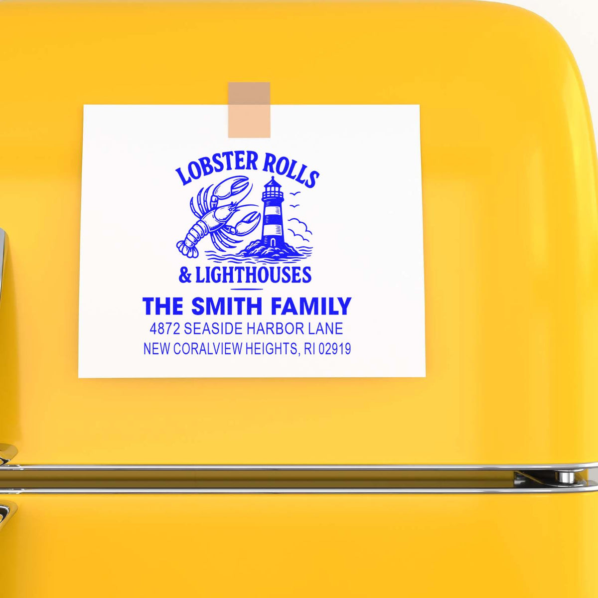 Personalized rubber return address stamp for The Smith Family, featuring lobster rolls, a lighthouse, and seaside address.