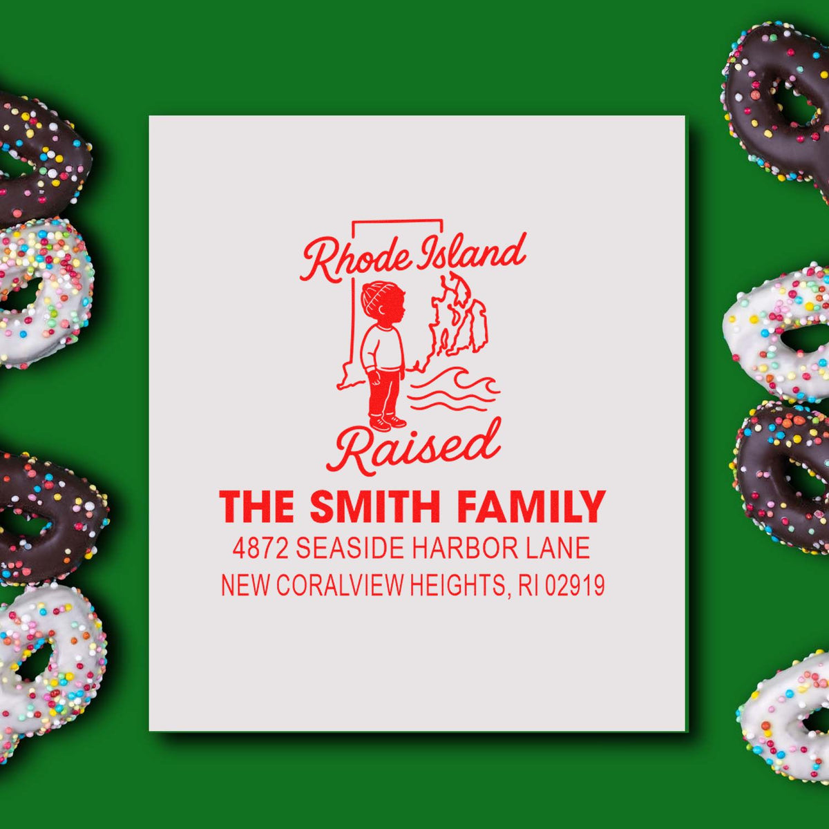 Personalized Rhode Island Raised family address rubber stamp for The Smith Family, featuring New Coralview Heights, RI 02919.