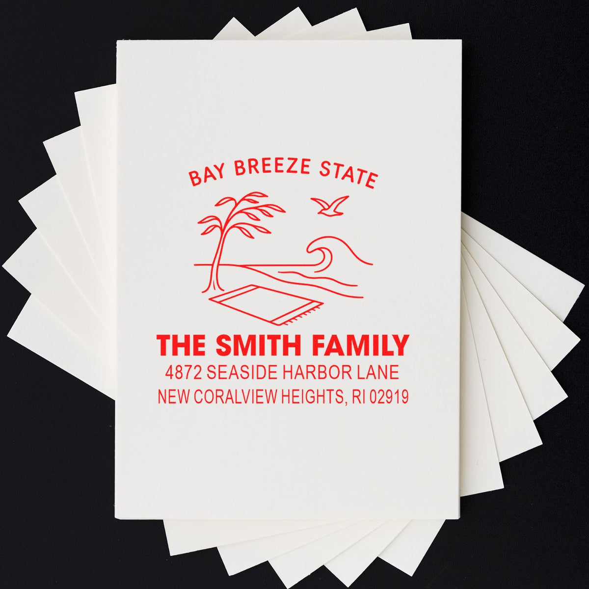 Custom beach-themed return address rubber stamp for The Smith Family, featuring seaside art and Rhode Island address.