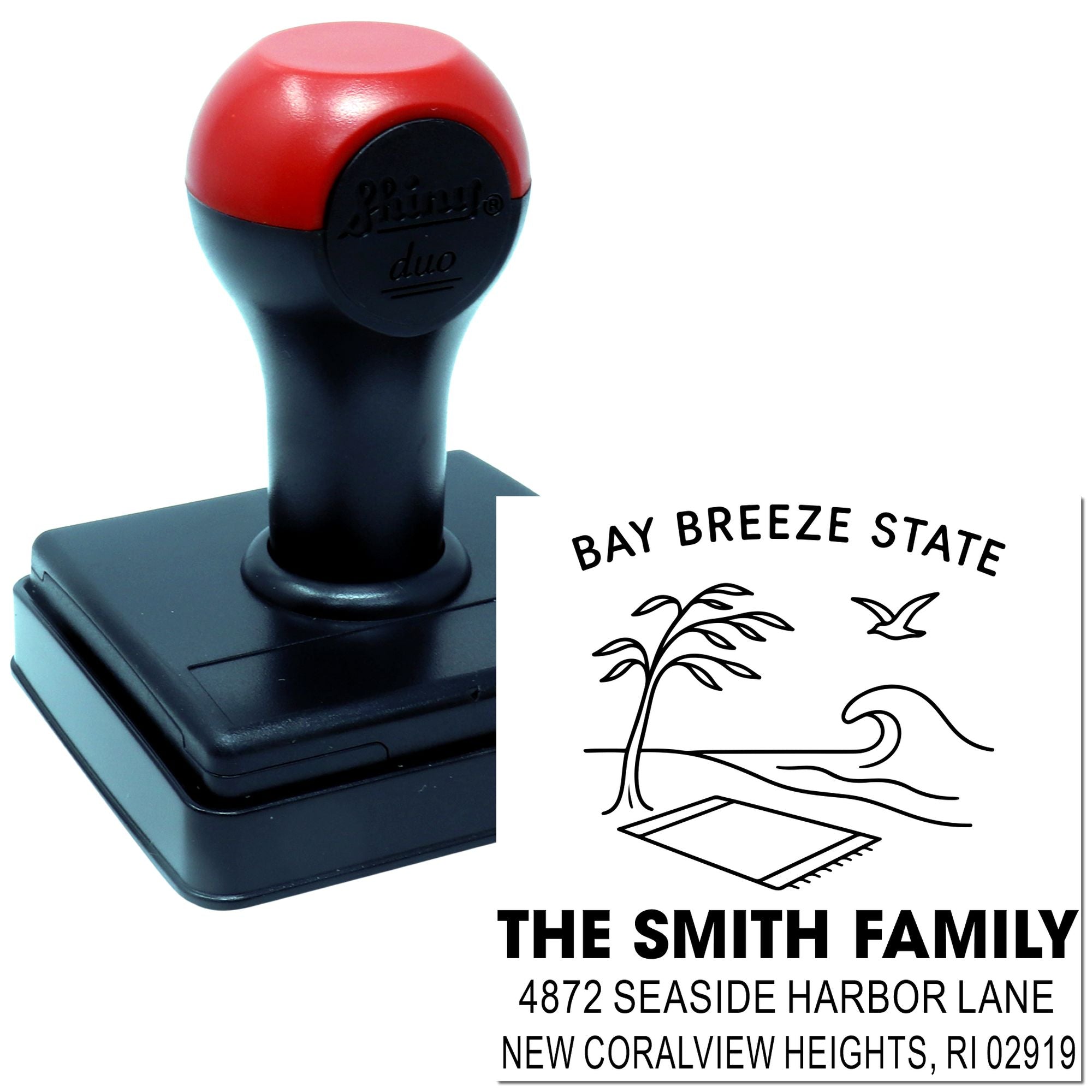 Personalized self-inking rubber stamp with coastal return address design for The Smith Family, New Coralview Heights, RI 02919.