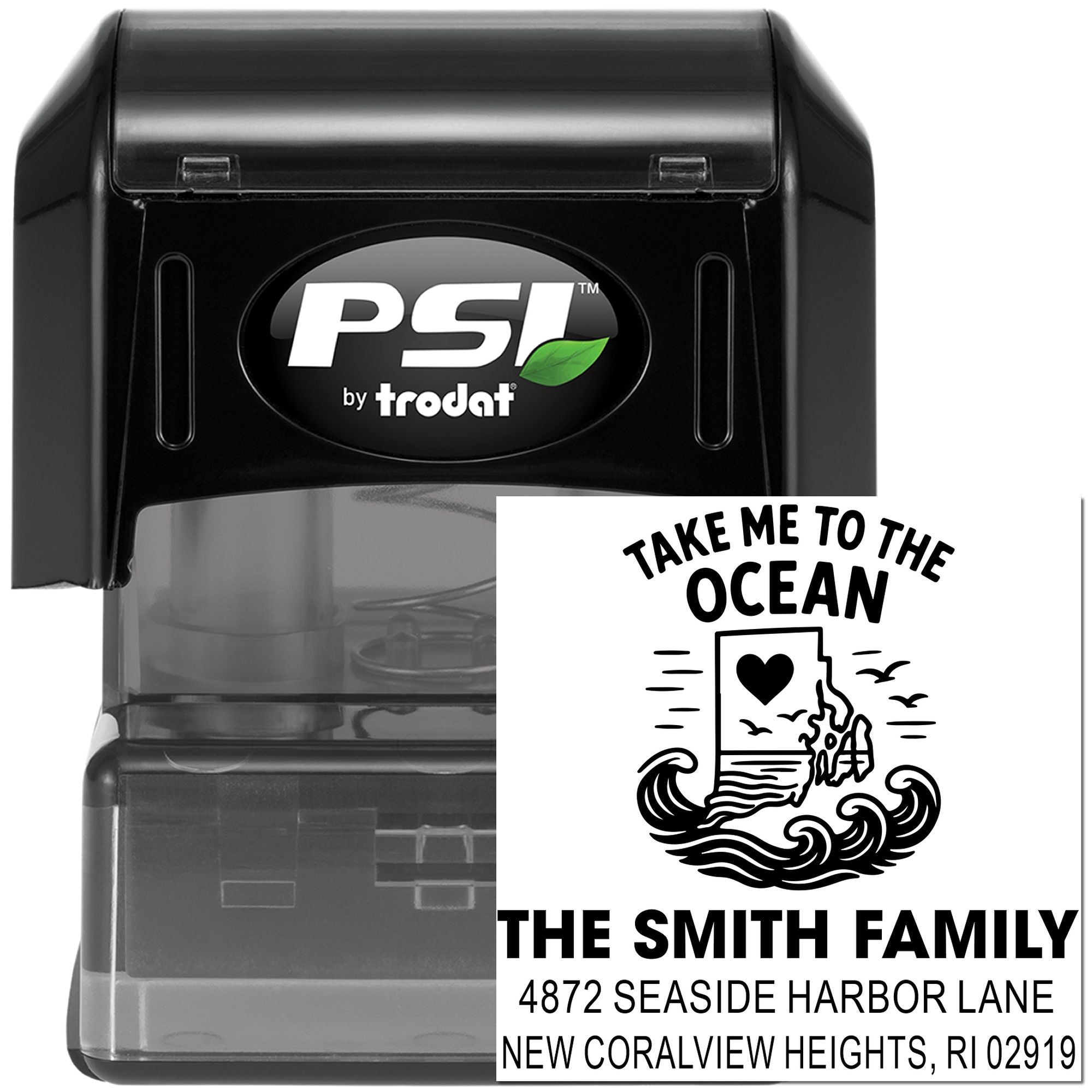 Custom self-inking rubber address stamp with seaside design and Take Me to the Ocean family return address.