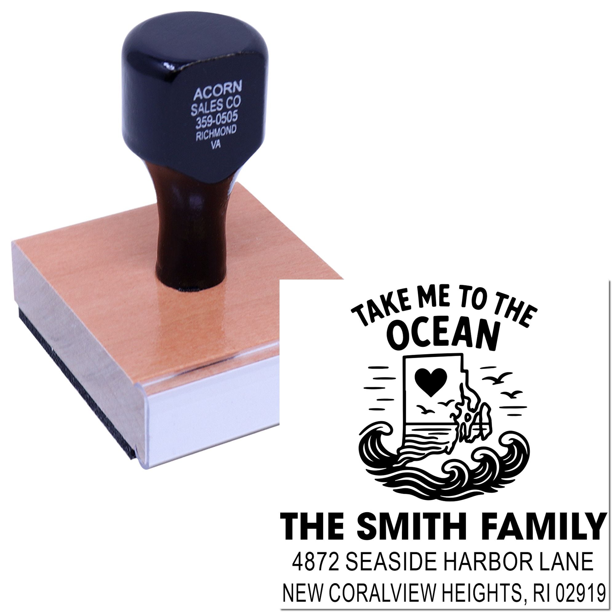 Custom rubber address stamp with beach-themed Take Me to the Ocean design for The Smith Family, featuring name and address.