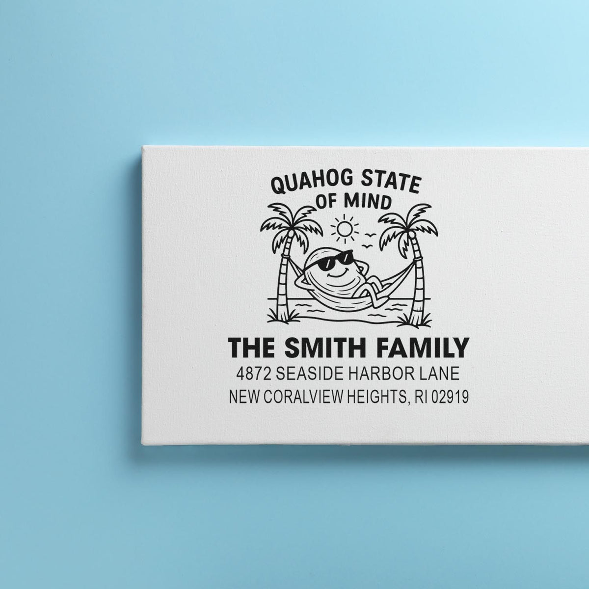 Custom return address rubber stamp for The Smith Family with beach hammock design and Quahog State of Mind text.