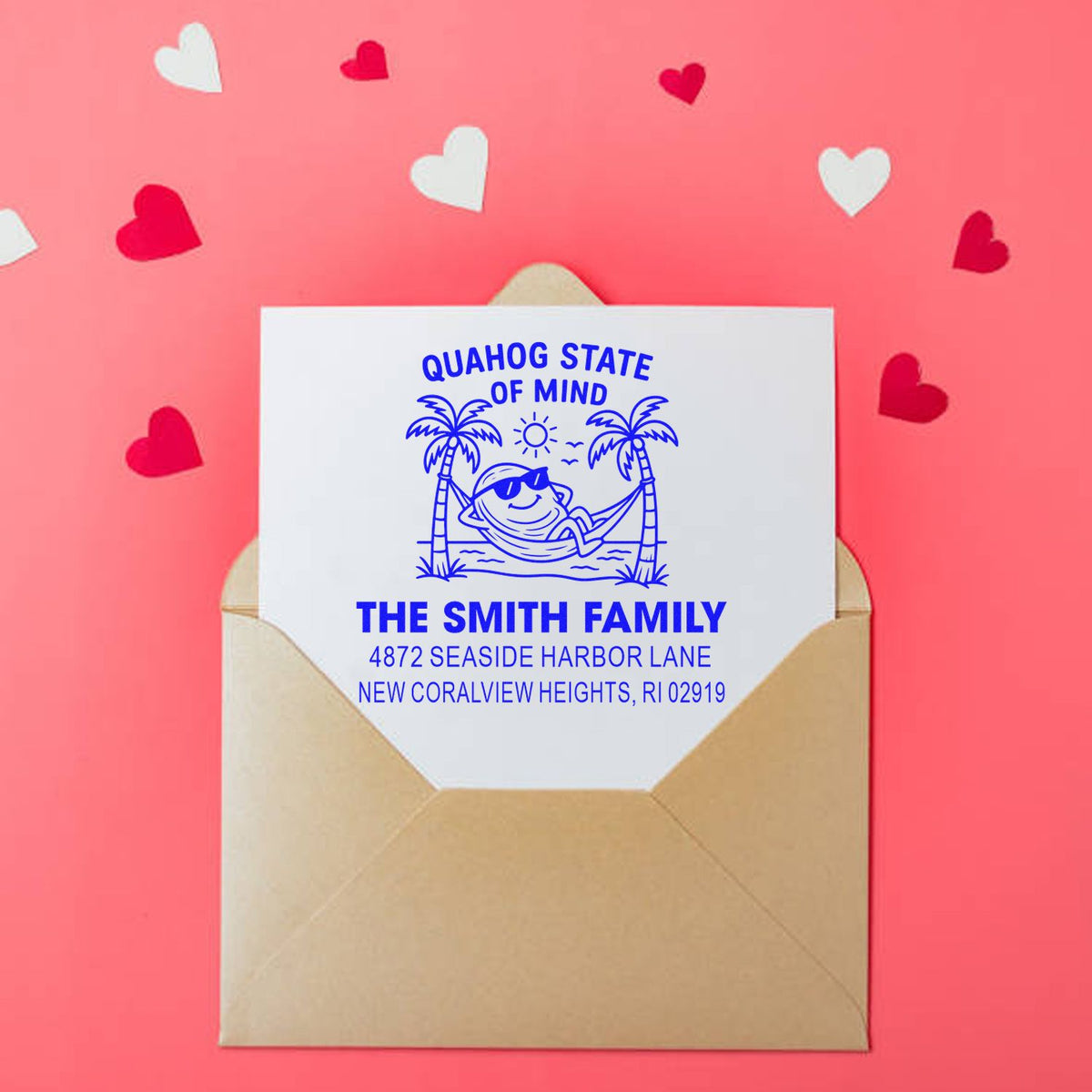 Custom rubber address stamp with tropical family return address design for envelopes and personalized mail.