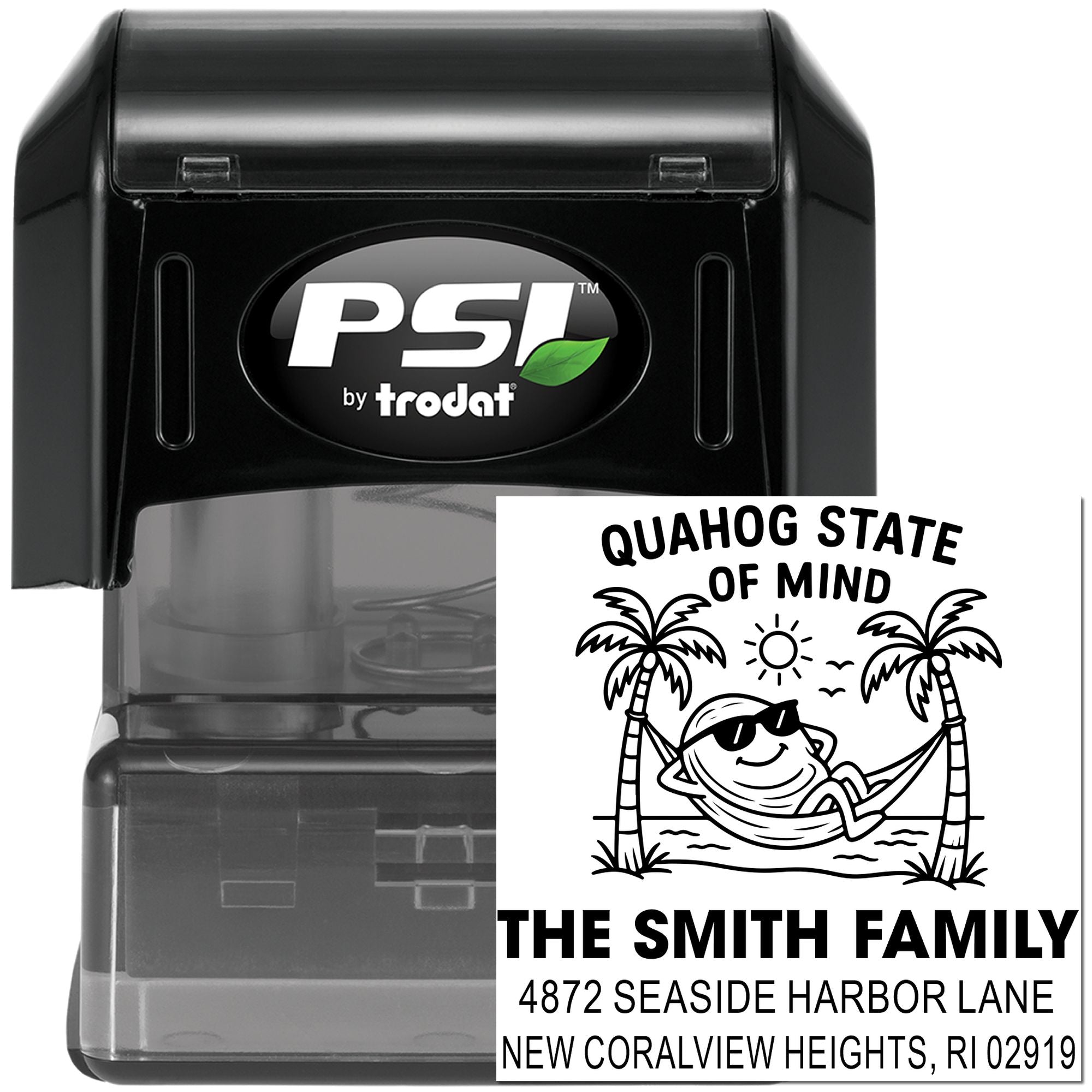 Custom self-inking rubber address stamp by PSI Trodat with Quahog State of Mind beach house design for The Smith Family.
