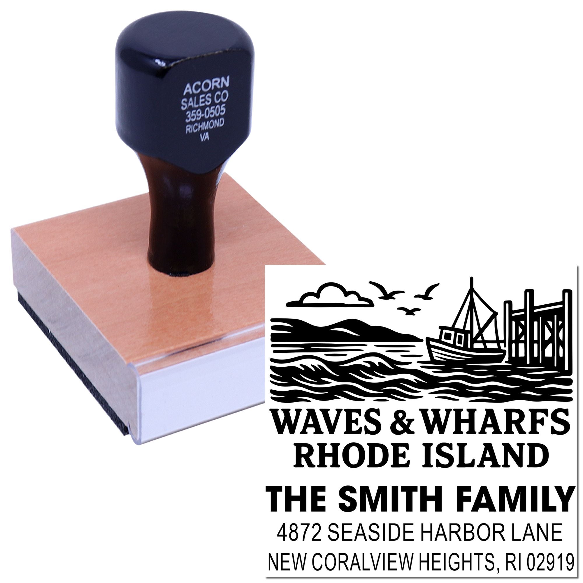 Custom coastal return address rubber stamp with Waves & Wharfs Rhode Island family name and seaside harbor address