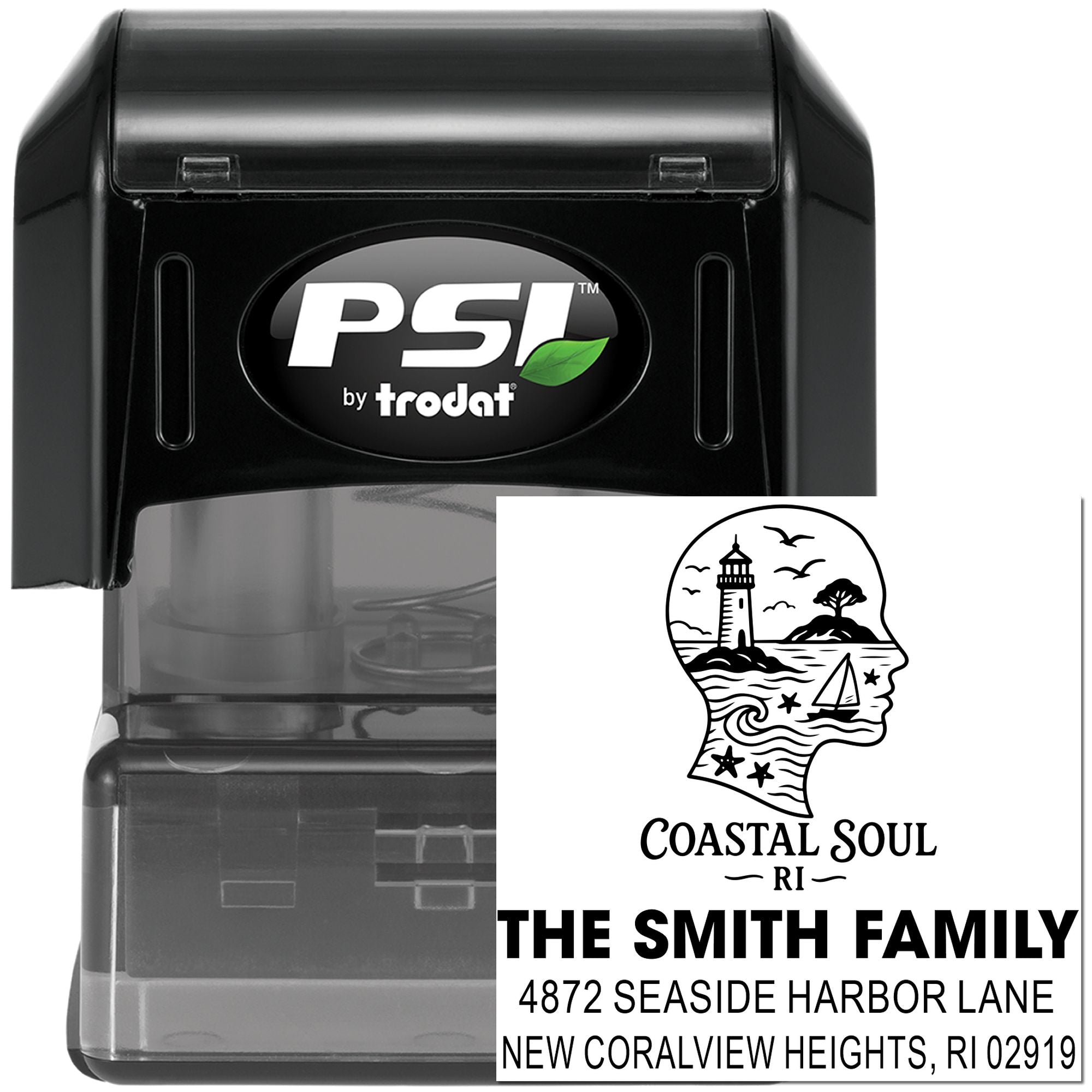 Custom self-inking rubber stamp by PSI Trodat with coastal family address design and personalized return address.