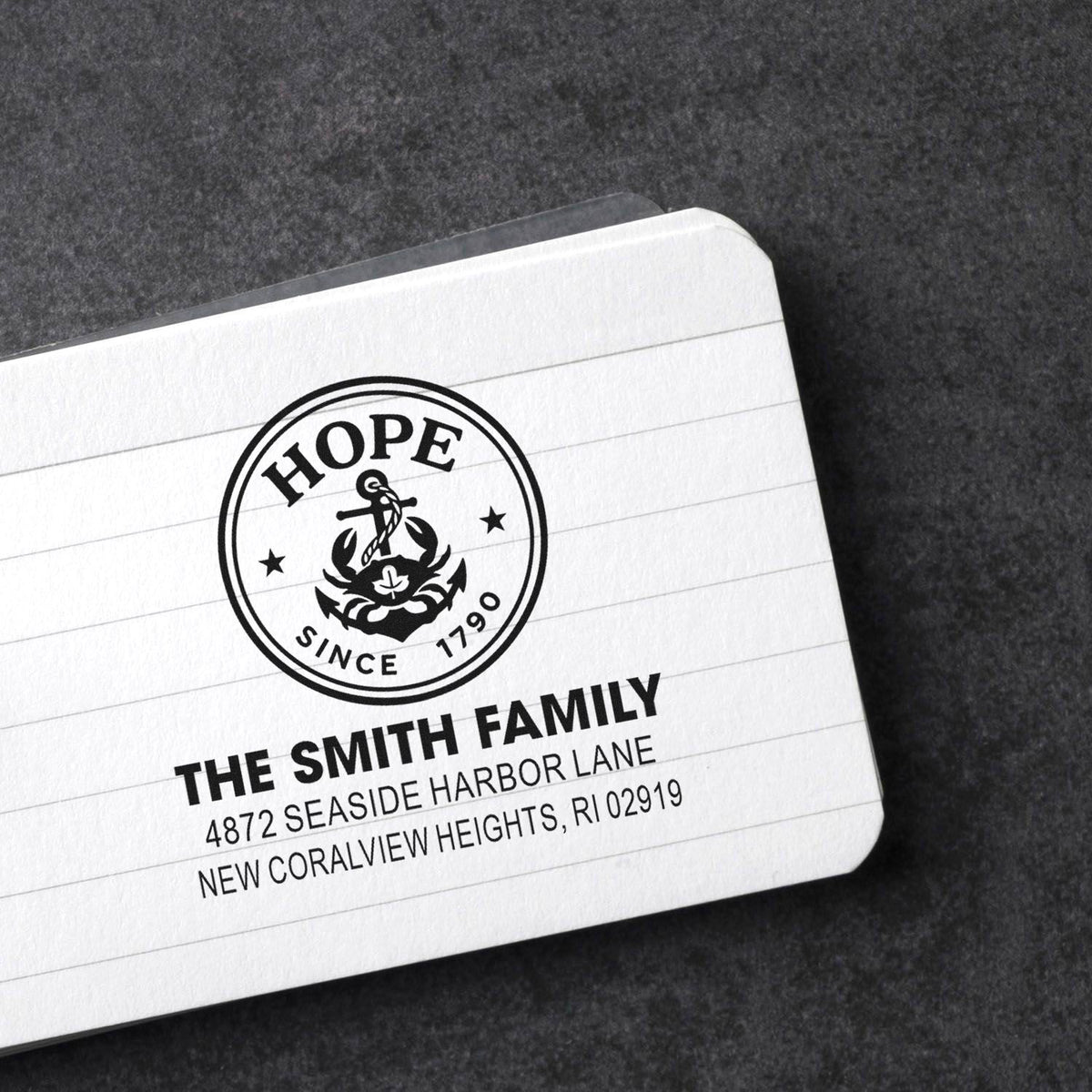 Custom rubber address stamp with Hope anchor design, personalized for The Smith Family return mail.