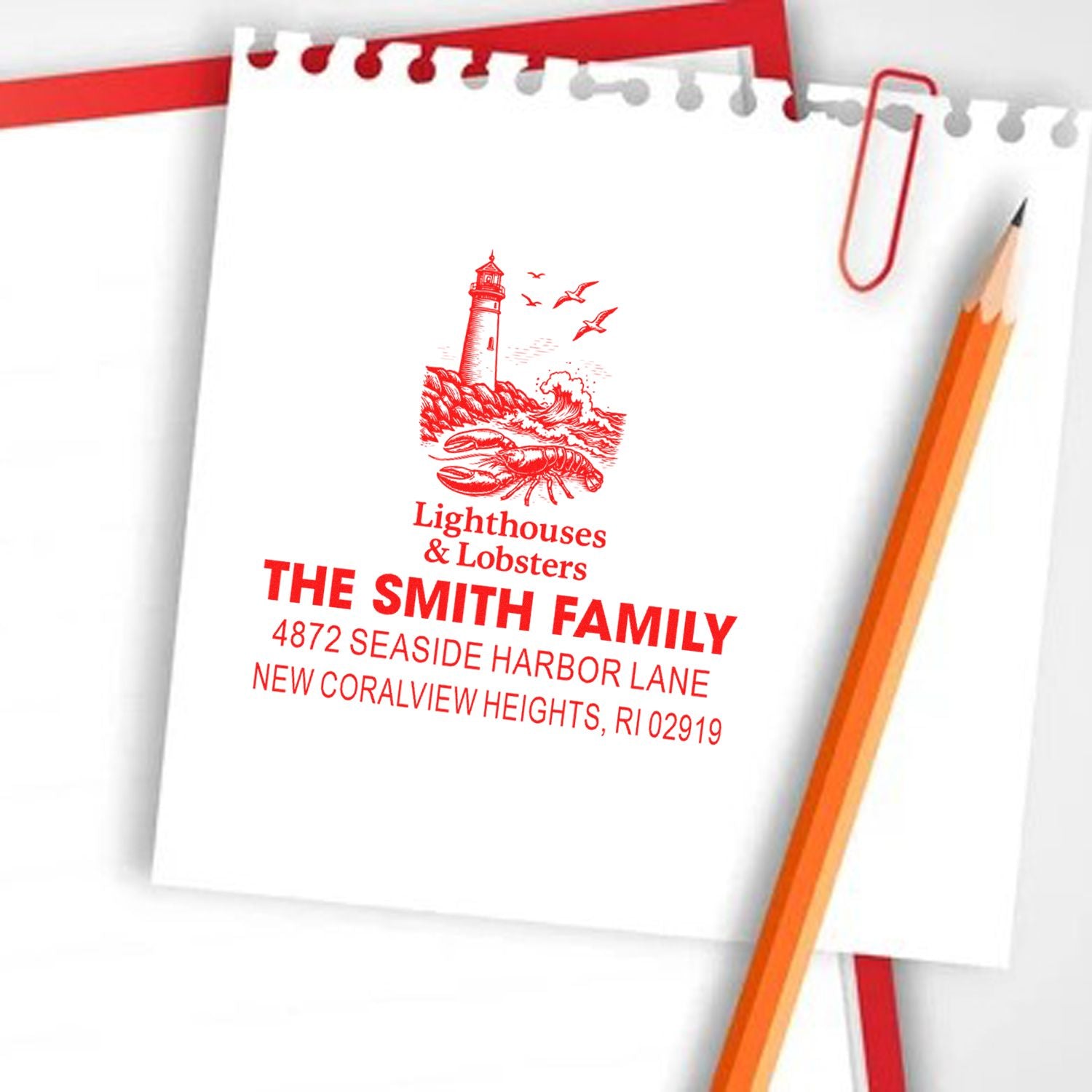 Custom rubber return address stamp with lighthouse and lobster nautical design for The Smith Family in New Coralview Heights, RI.