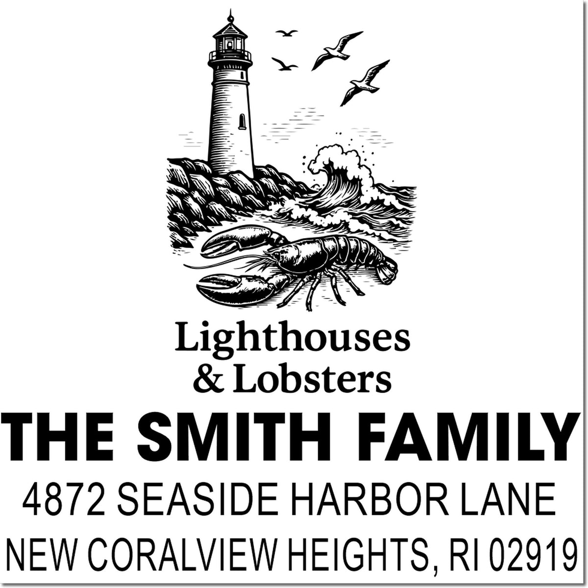 Custom lighthouse and lobster address rubber stamp for seaside homes, with family name and New Coralview Heights, RI.