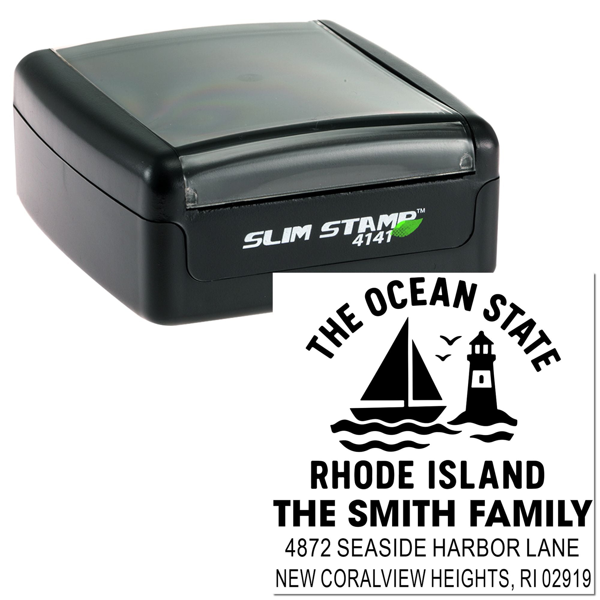 Slim self-inking rubber stamp with custom Rhode Island address design, sailboat and lighthouse, for The Smith Family mail.