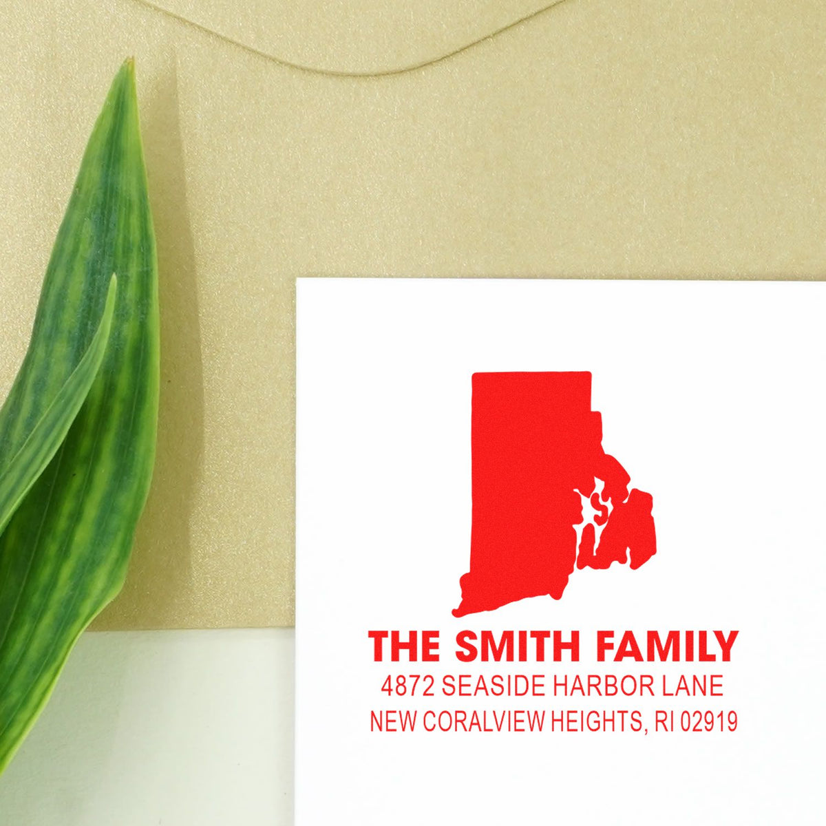 Personalized Rhode Island return address rubber stamp for The Smith Family with custom name and mailing address