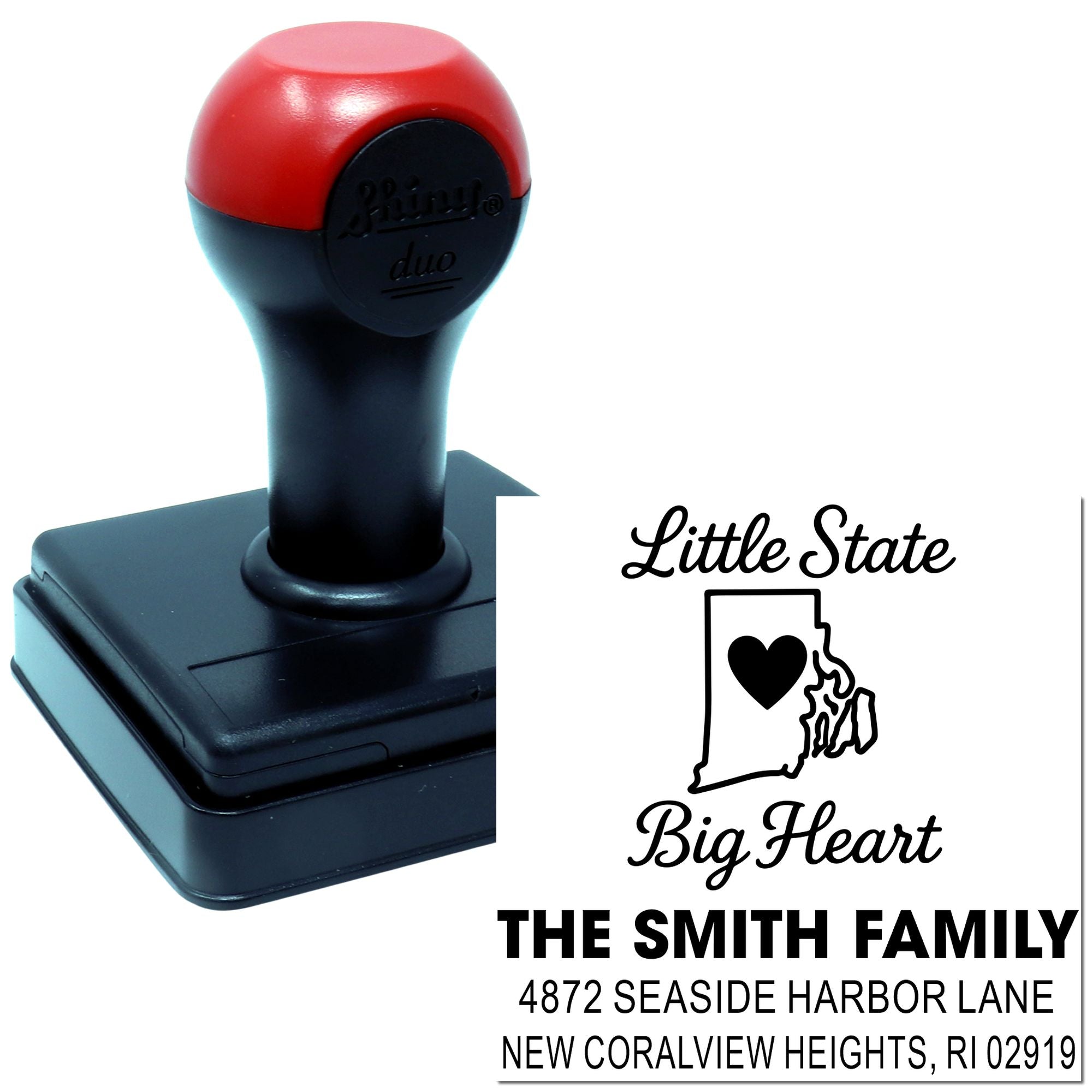 Custom self-inking address rubber stamp with Rhode Island Little State, Big Heart design for The Smith Family.