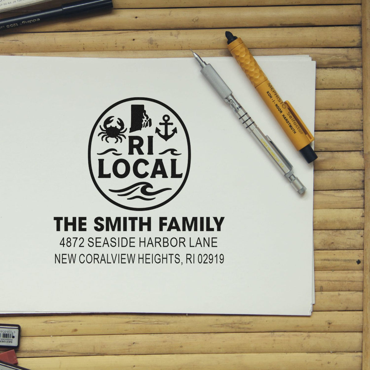 Custom rubber stamp proof for a personalized Rhode Island return address stamp for The Smith Family.