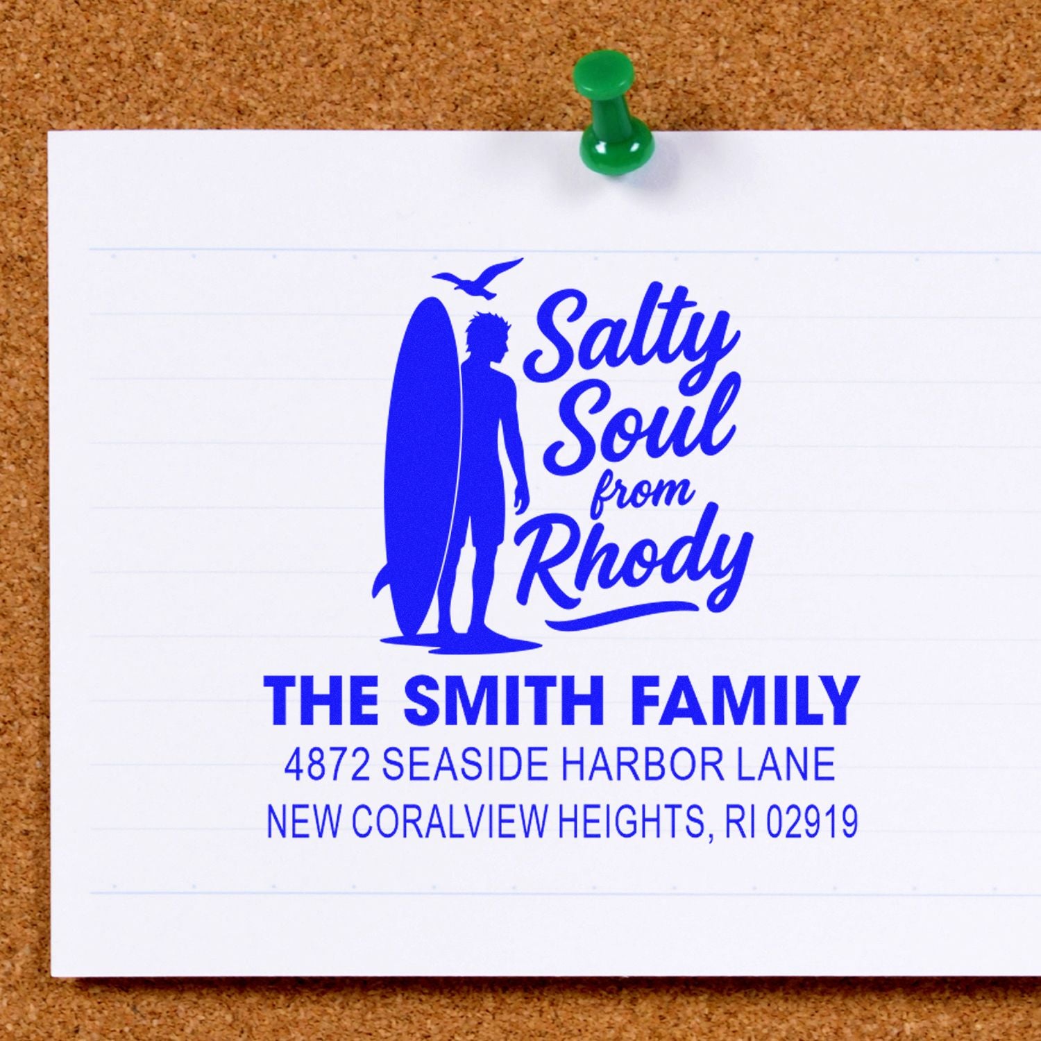 Custom surf-themed return address rubber stamp for The Smith Family, featuring Salty Soul from Rhody and RI address.
