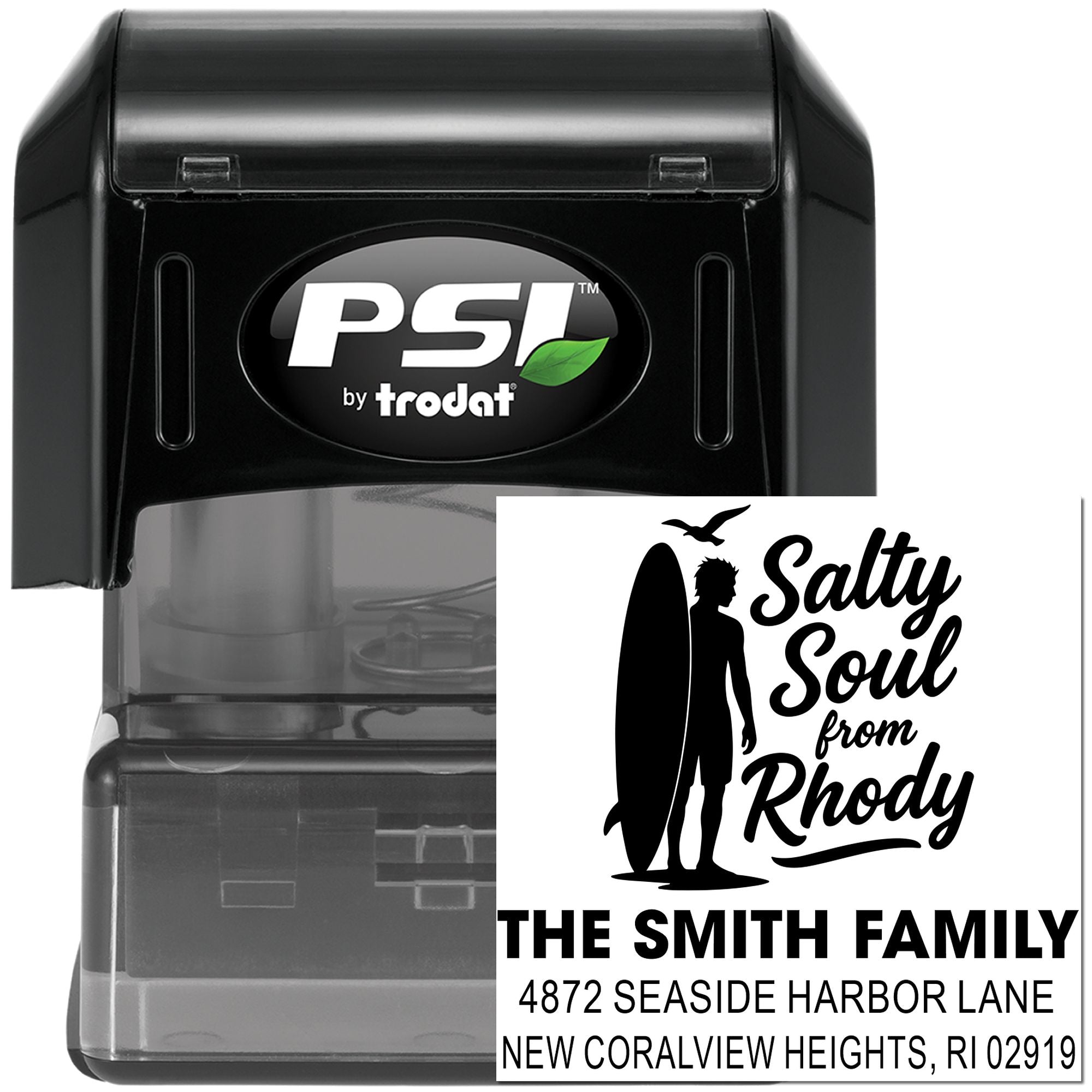 PSI by Trodat self-inking custom address rubber stamp with Salty Soul from Rhody family design.