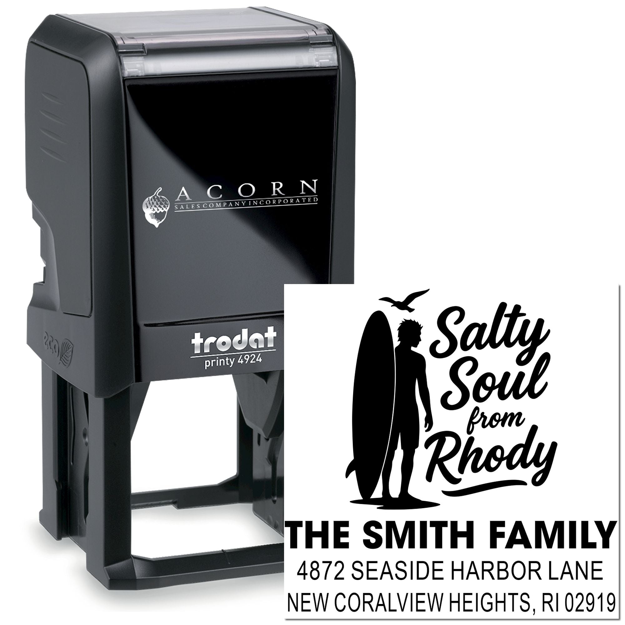 Custom self-inking rubber stamp with personalized beach-themed family return address design for mailings and invitations.
