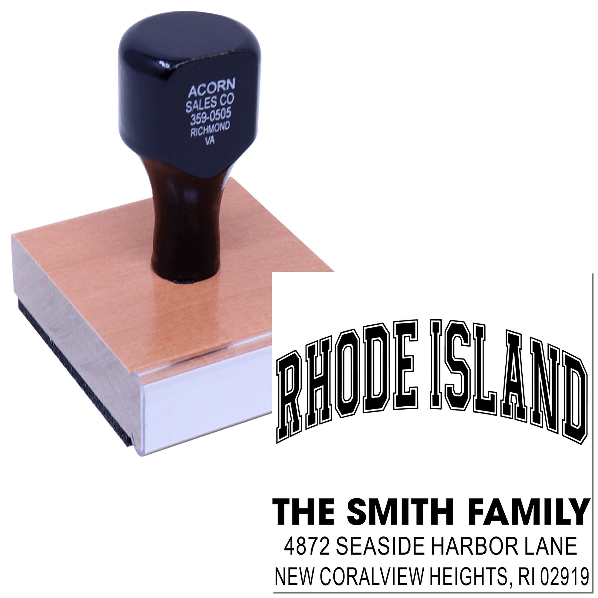 Custom rubber address stamp with family name and return address for envelopes, mailings, and business correspondence.