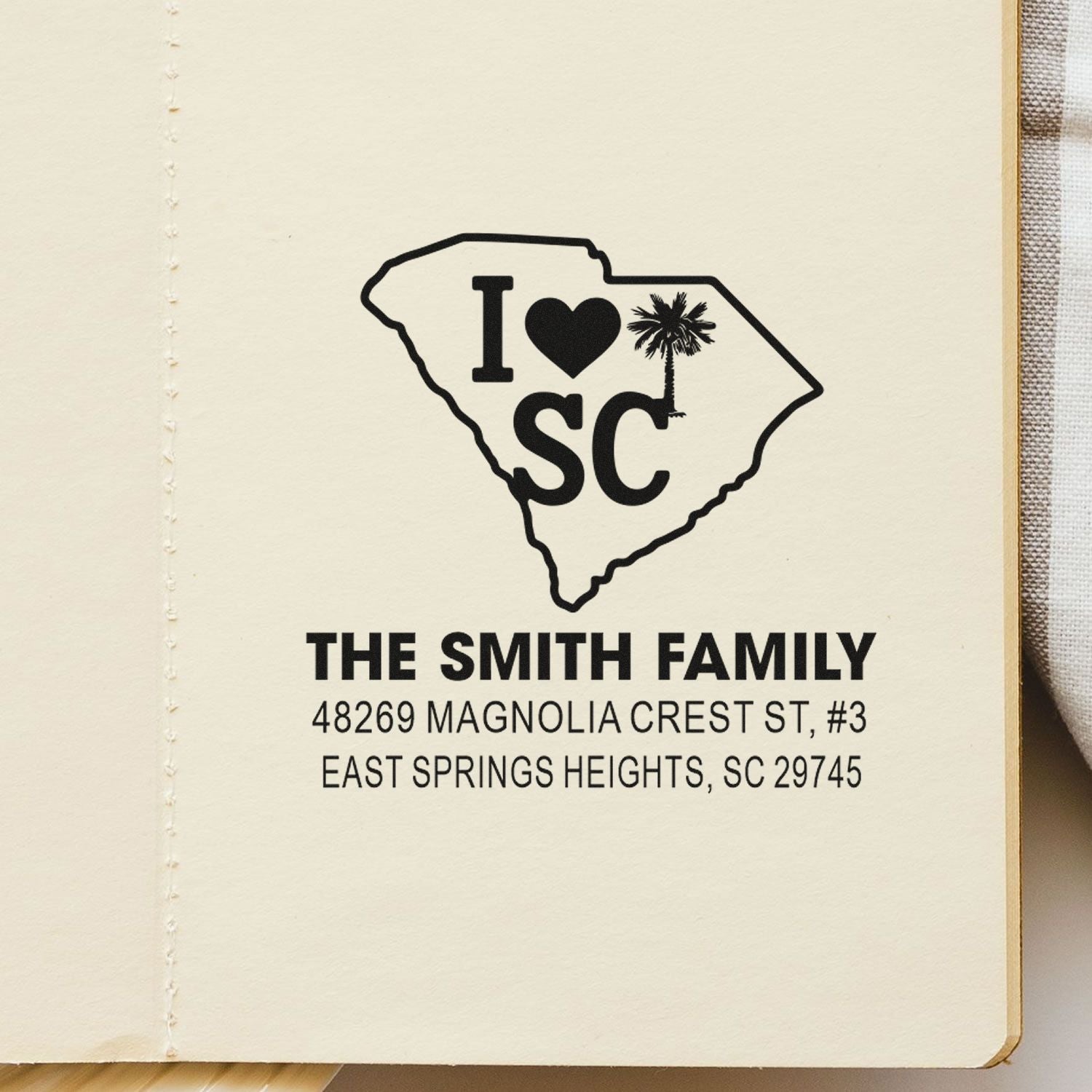 Personalized South Carolina return address rubber stamp with I love SC design for family mail, weddings, and housewarming gifts.