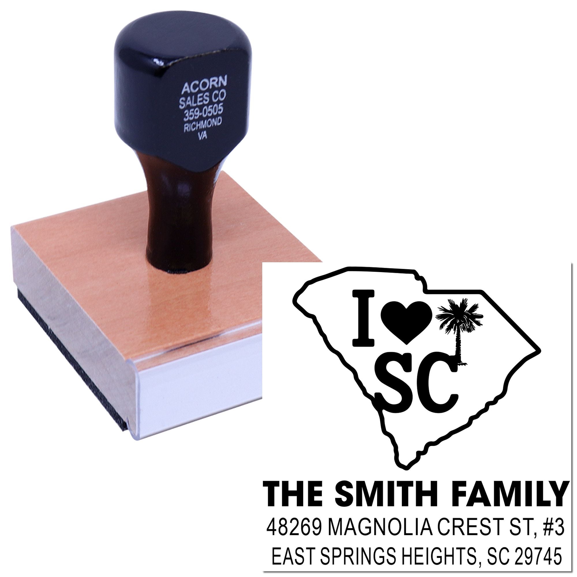 Personalized South Carolina address rubber stamp for The Smith Family with I love SC design.