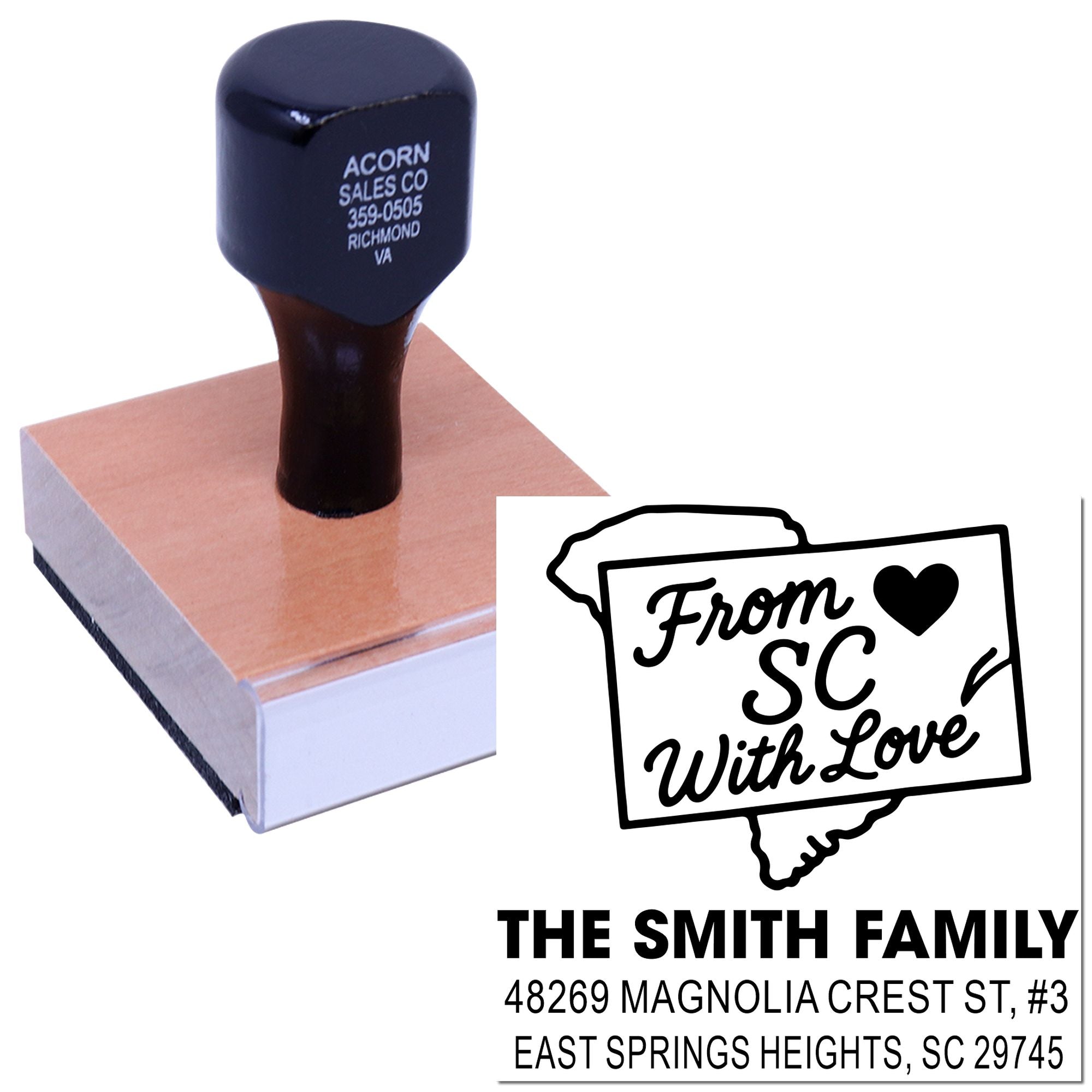 Custom rubber address stamp with South Carolina From SC With Love design and family return address.