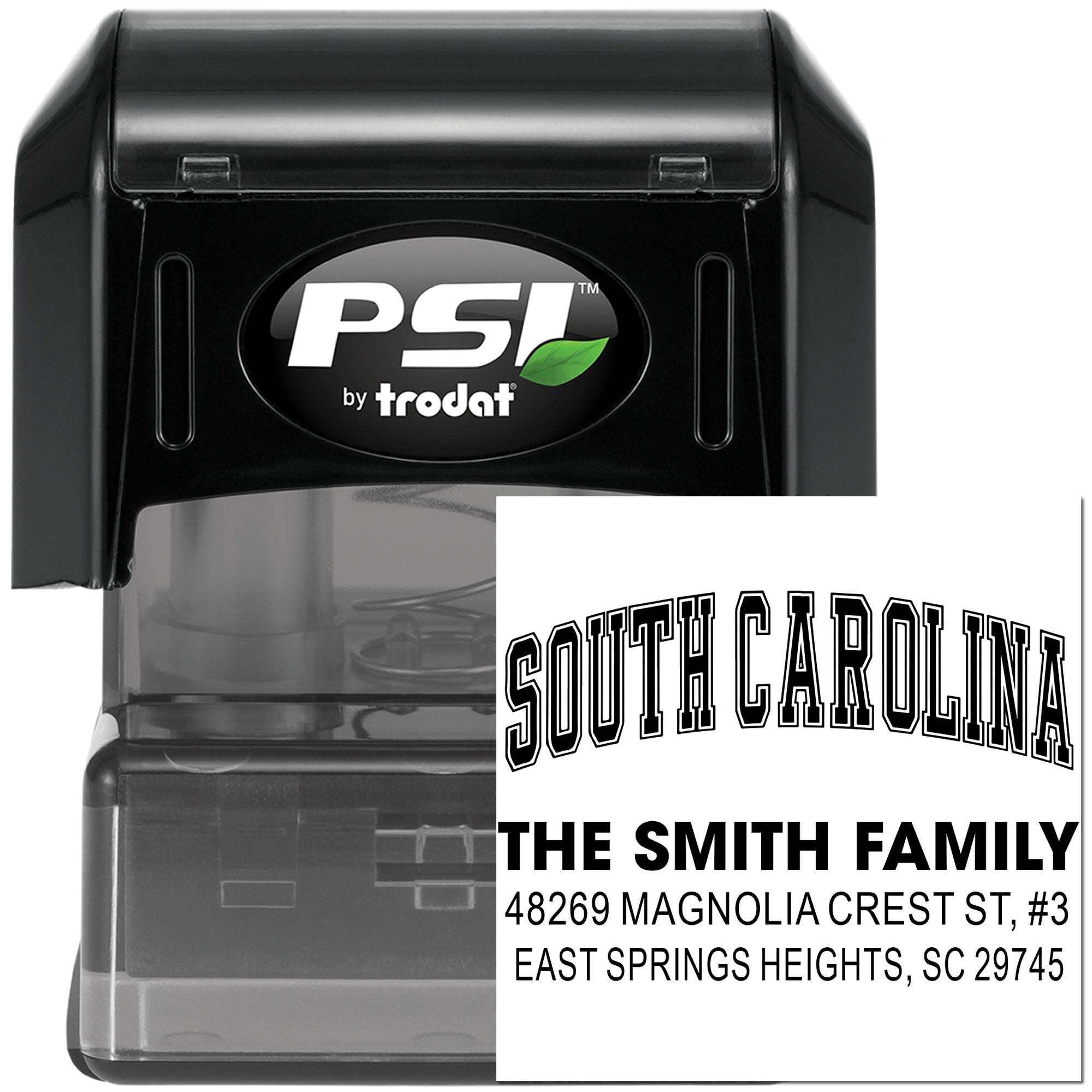Custom self-inking rubber address stamp by PSI Trodat with South Carolina return address for The Smith Family.