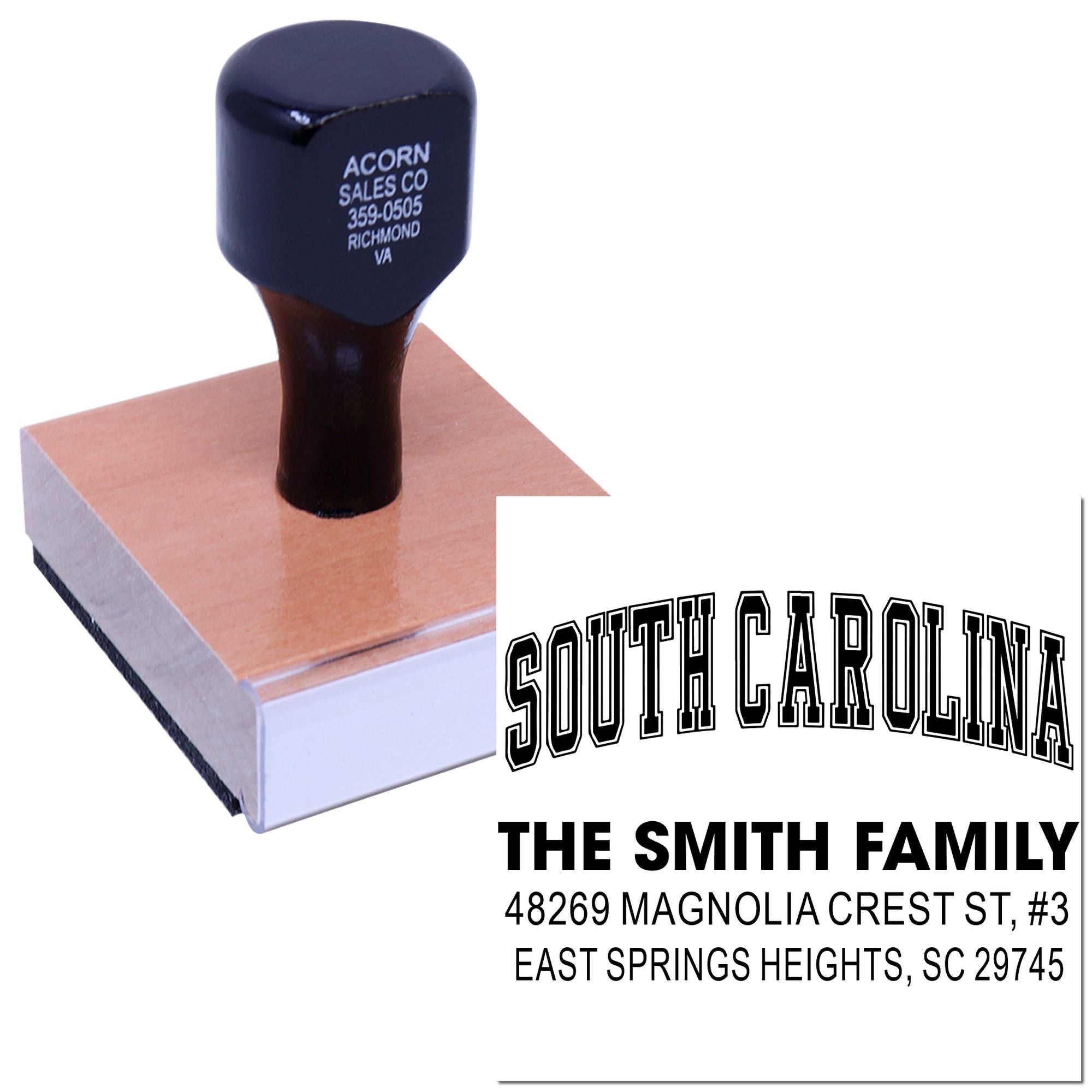 Custom South Carolina address rubber stamp for The Smith Family with name and mailing address.