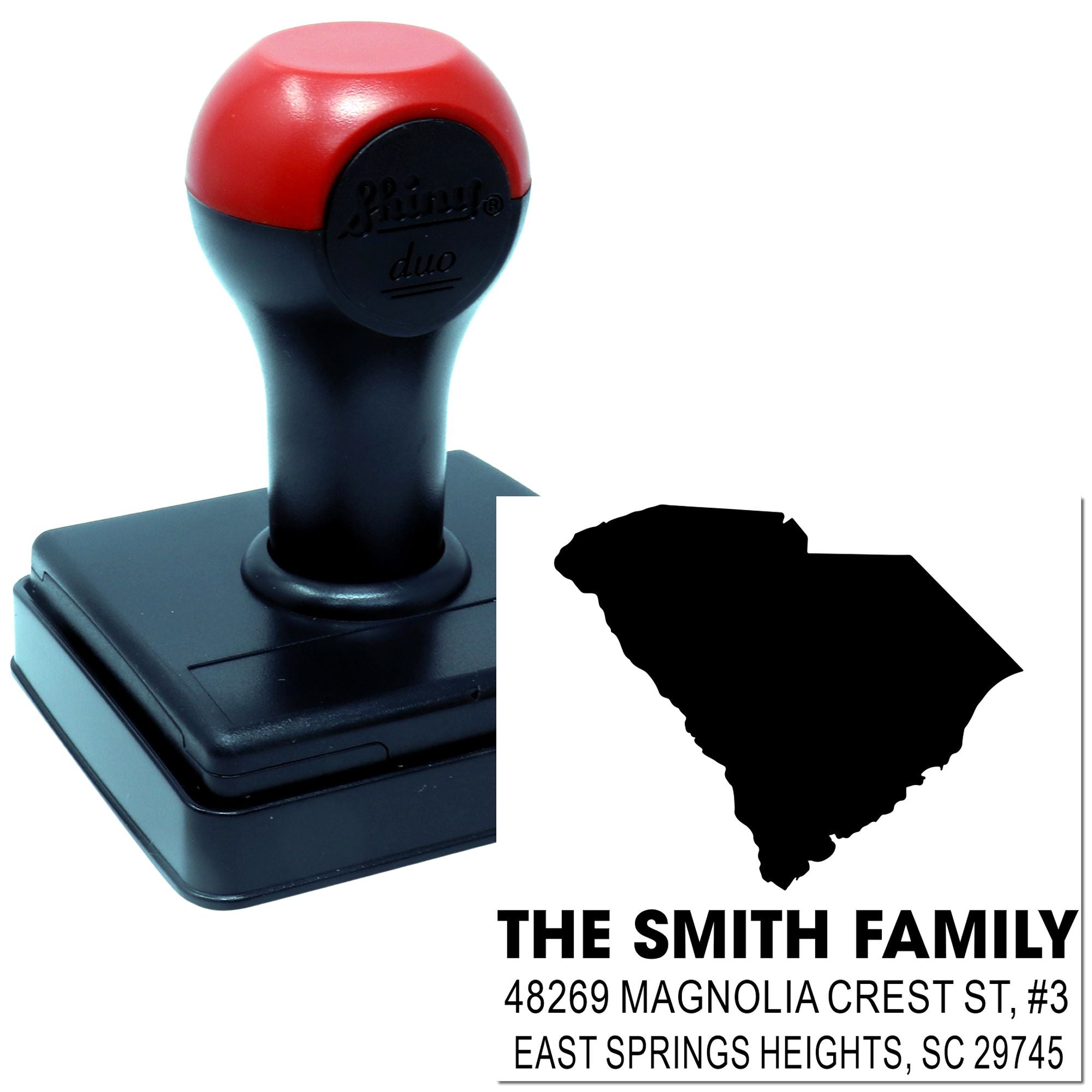 Custom self-inking rubber return address stamp for The Smith Family, East Springs Heights, SC.