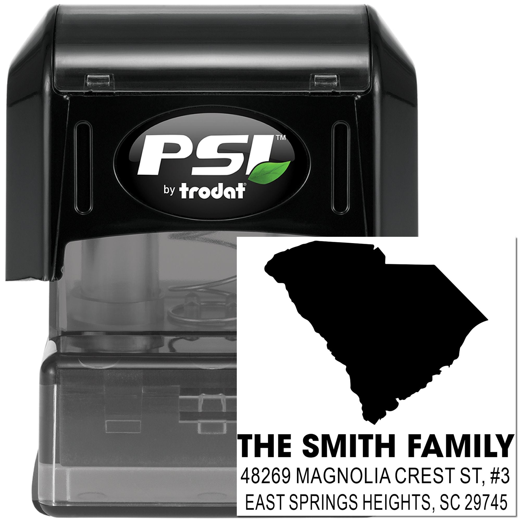 Custom South Carolina return address self-inking stamp by PSI Trodat for The Smith Family, East Springs Heights, SC 29745