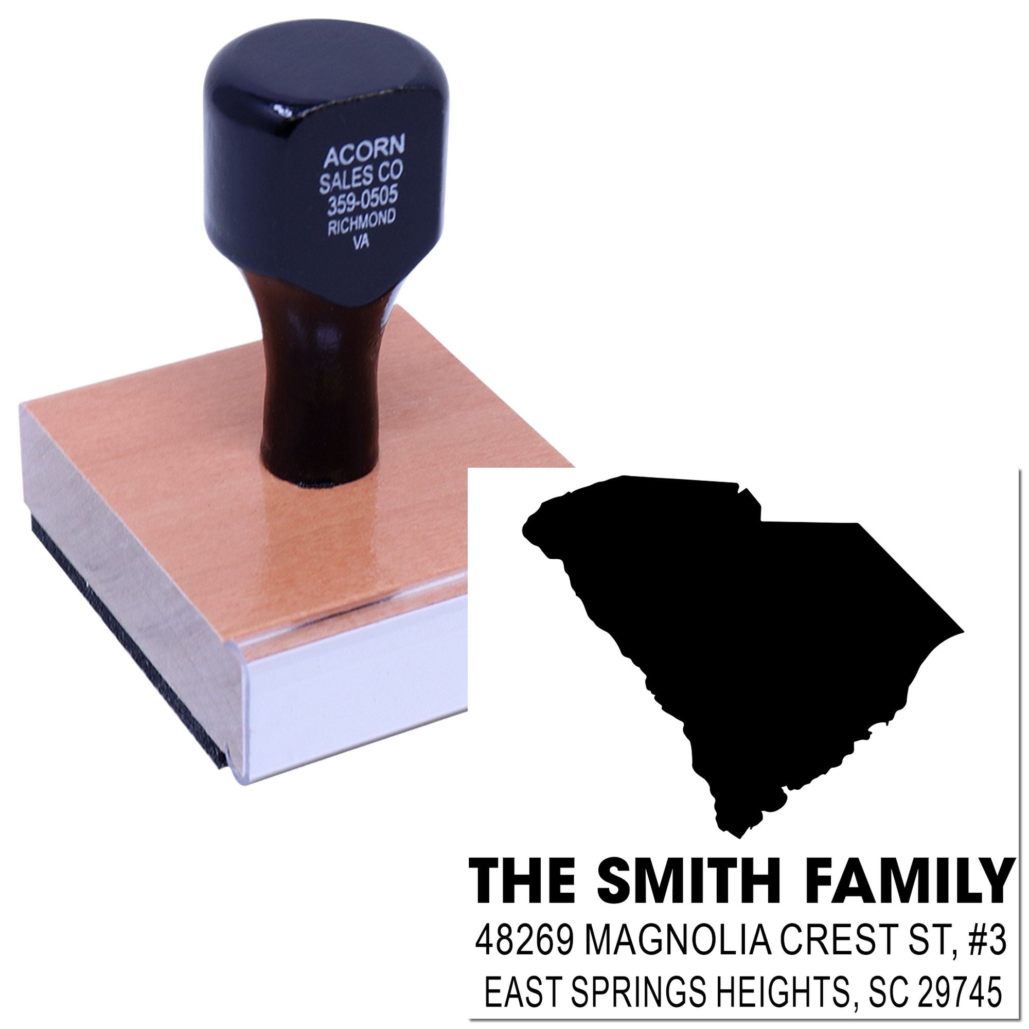Custom self-inking rubber stamp with South Carolina family return address imprint for The Smith Family.