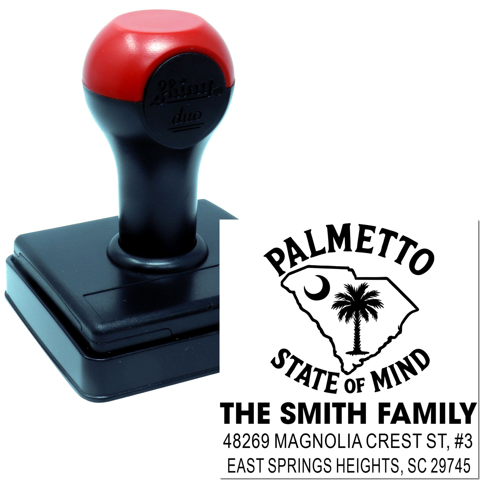 Custom return address rubber stamp for The Smith Family, Palmetto State of Mind design with South Carolina address imprint.