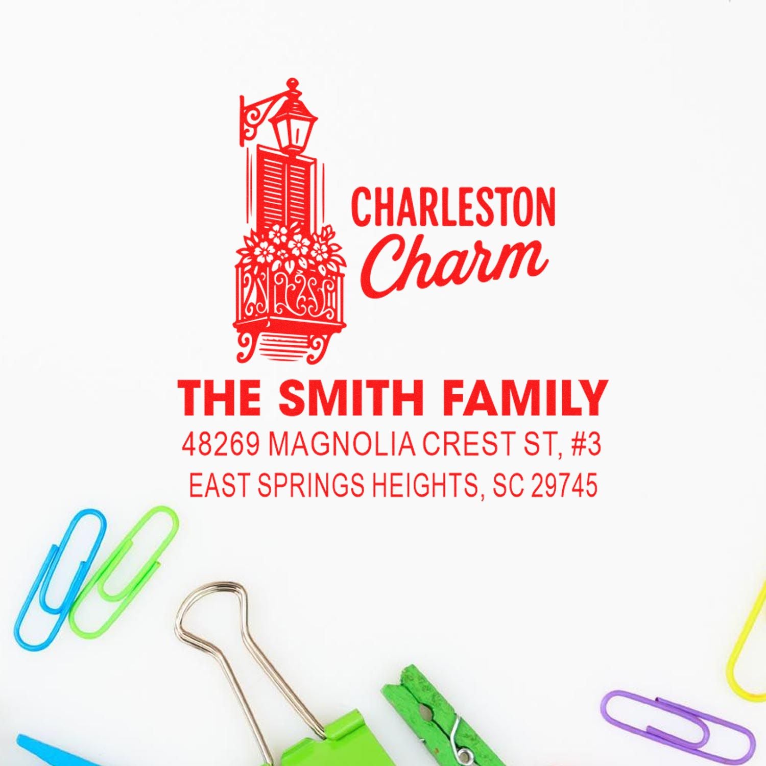 Custom Charleston Charm return address rubber stamp for The Smith Family, East Springs Heights, SC.
