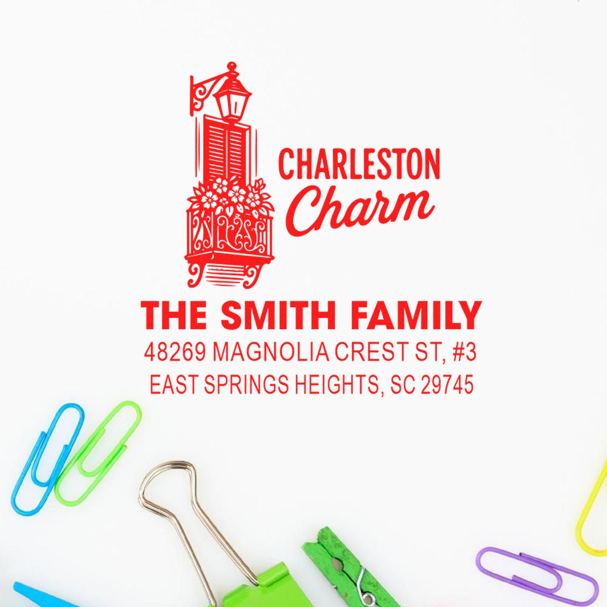 Custom Charleston Charm address rubber stamp for The Smith Family with decorative lamp design and South Carolina address.