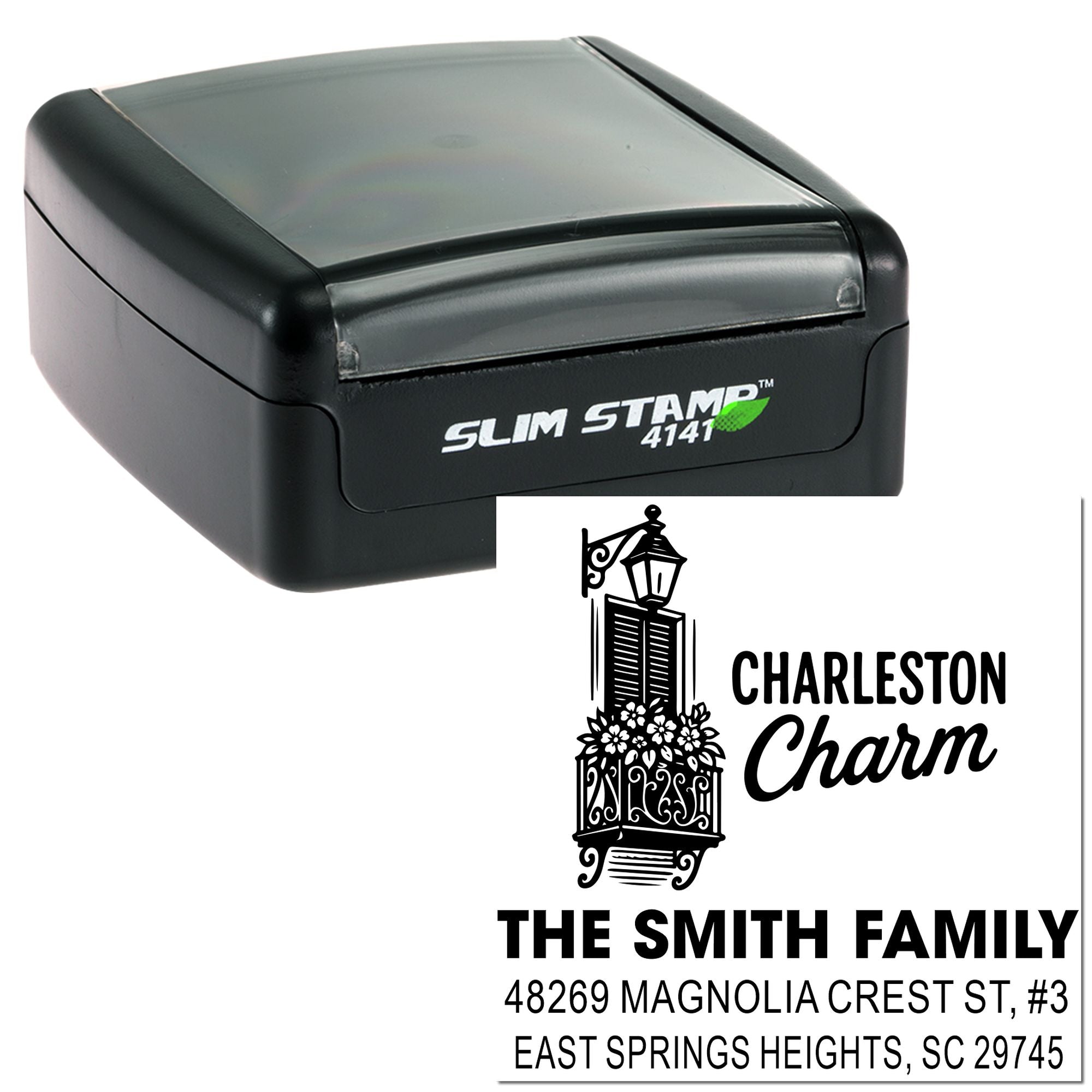 Custom self-inking rubber address stamp with Charleston Charm design for The Smith Family return address.