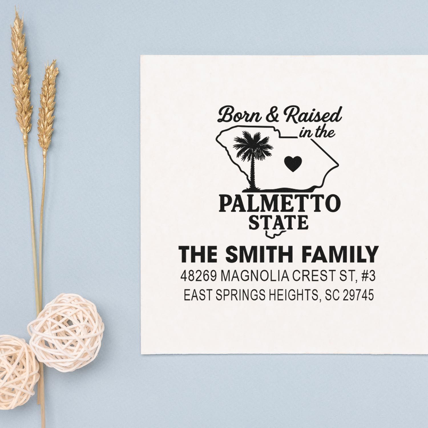 Personalized South Carolina Palmetto State rubber address stamp with family name and mailing address