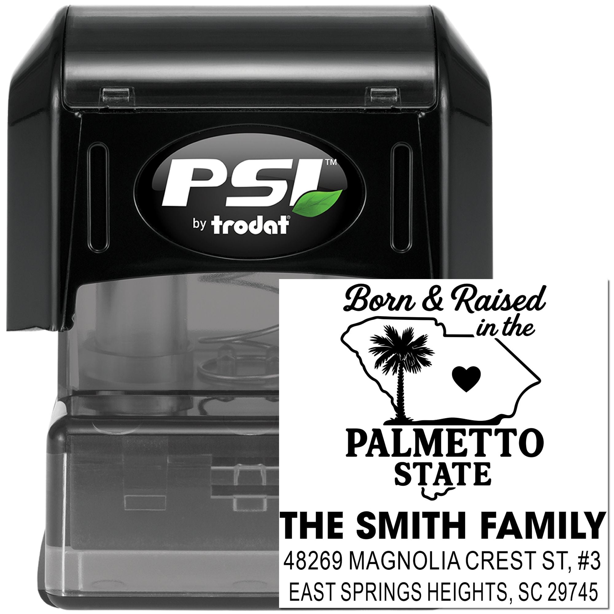 PSI by Trodat custom self-inking rubber address stamp with Palmetto State family return address design.