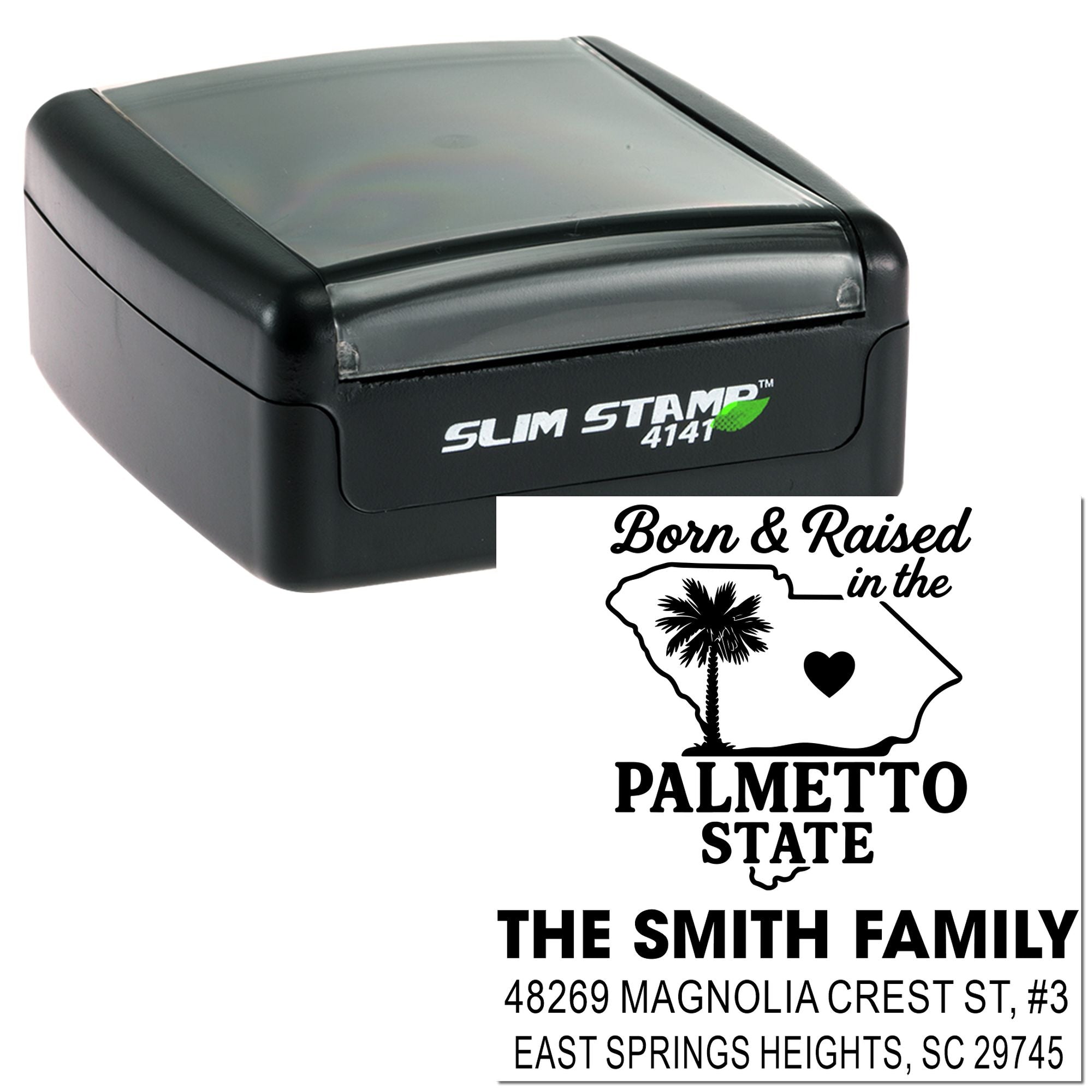Custom self-inking rubber stamp with South Carolina Palmetto State family address design and imprint preview.