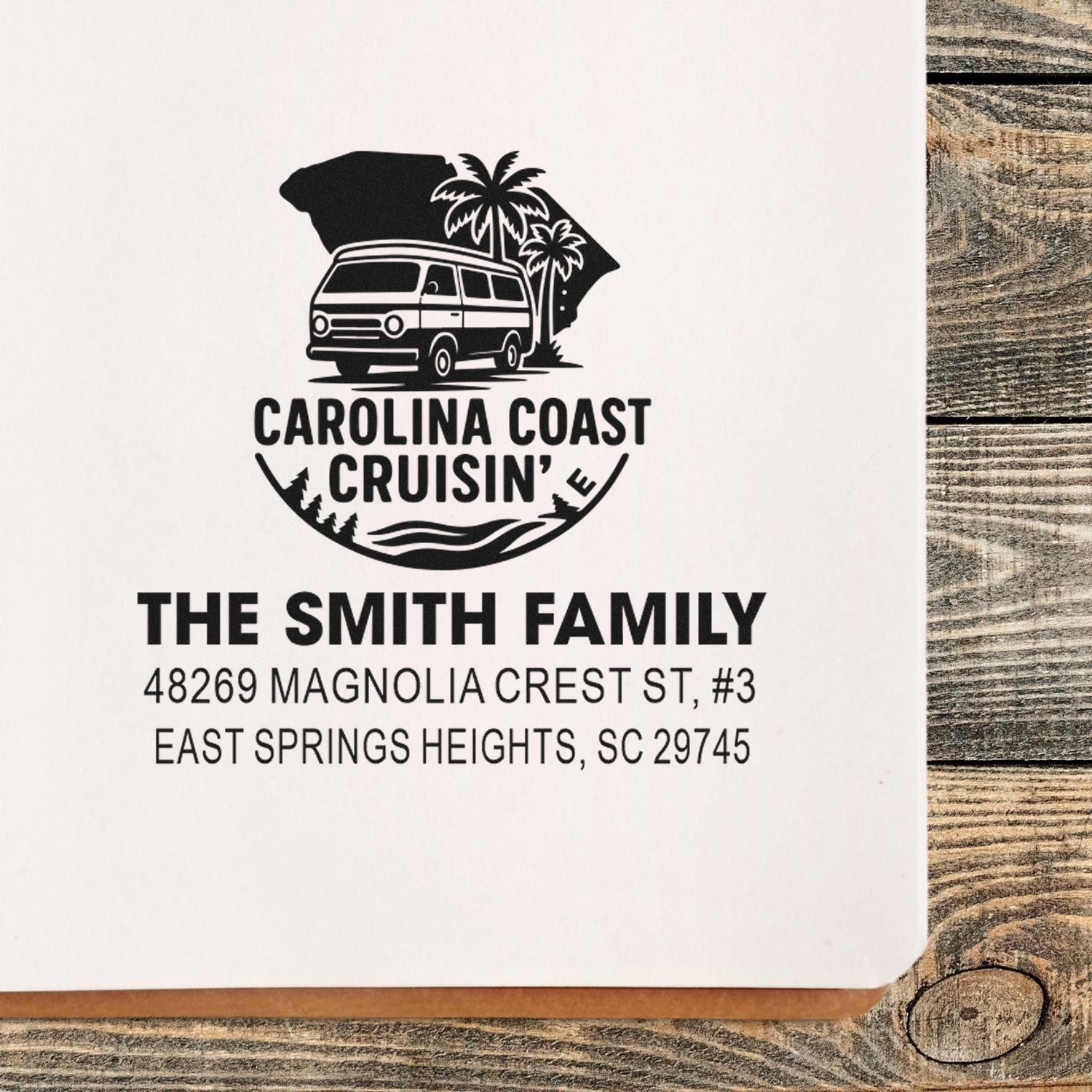 Personalized return address rubber stamp with Carolina Coast Cruisin' van design, Smith family name, and South Carolina address.