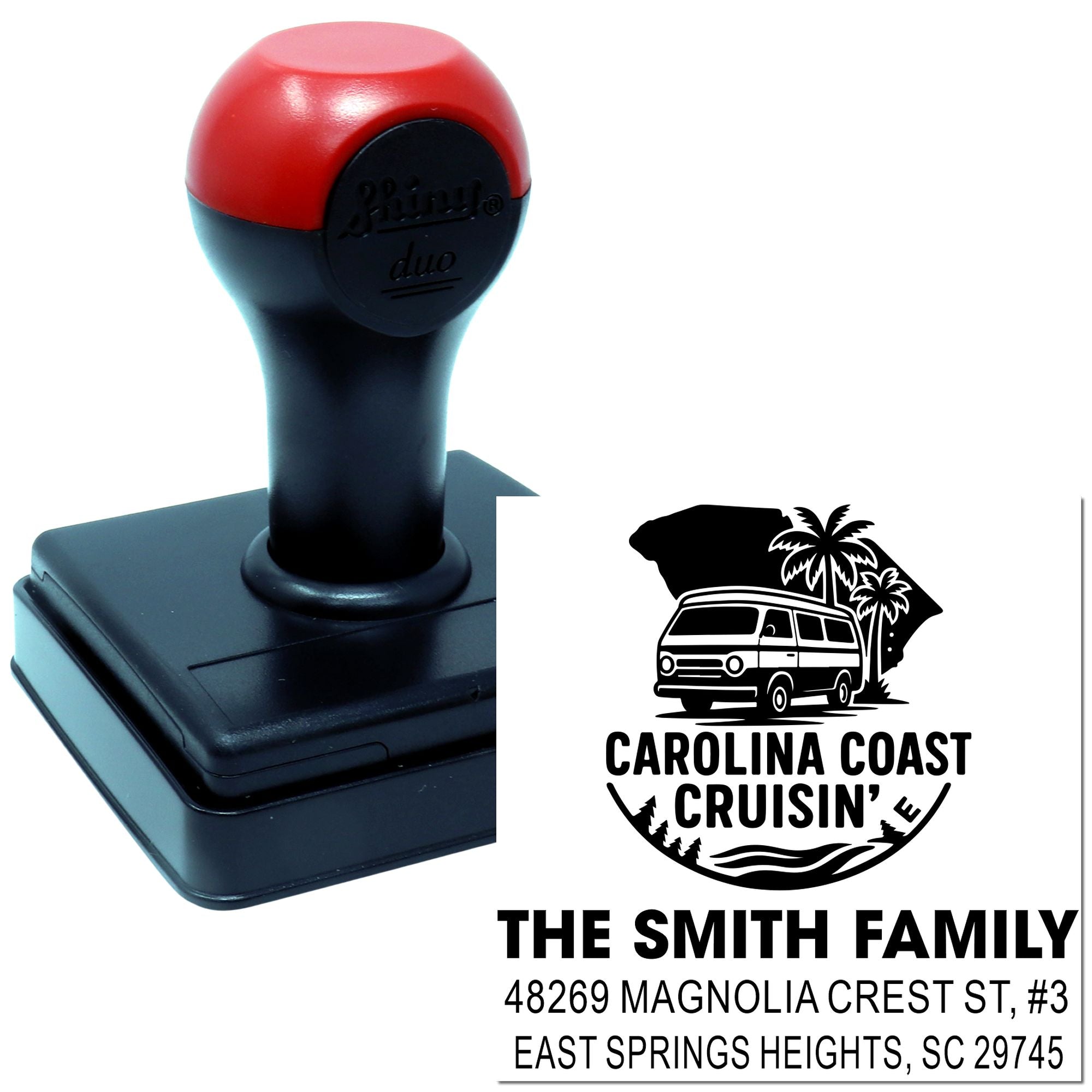 Custom self-inking return address rubber stamp with Carolina Coast Cruisin design and Smith family address