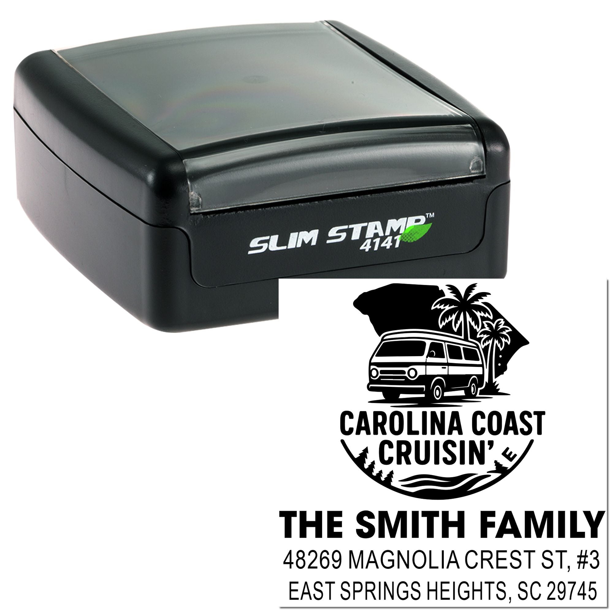 Custom slim self-inking rubber stamp with Carolina Coast Cruisin' return address design for The Smith Family