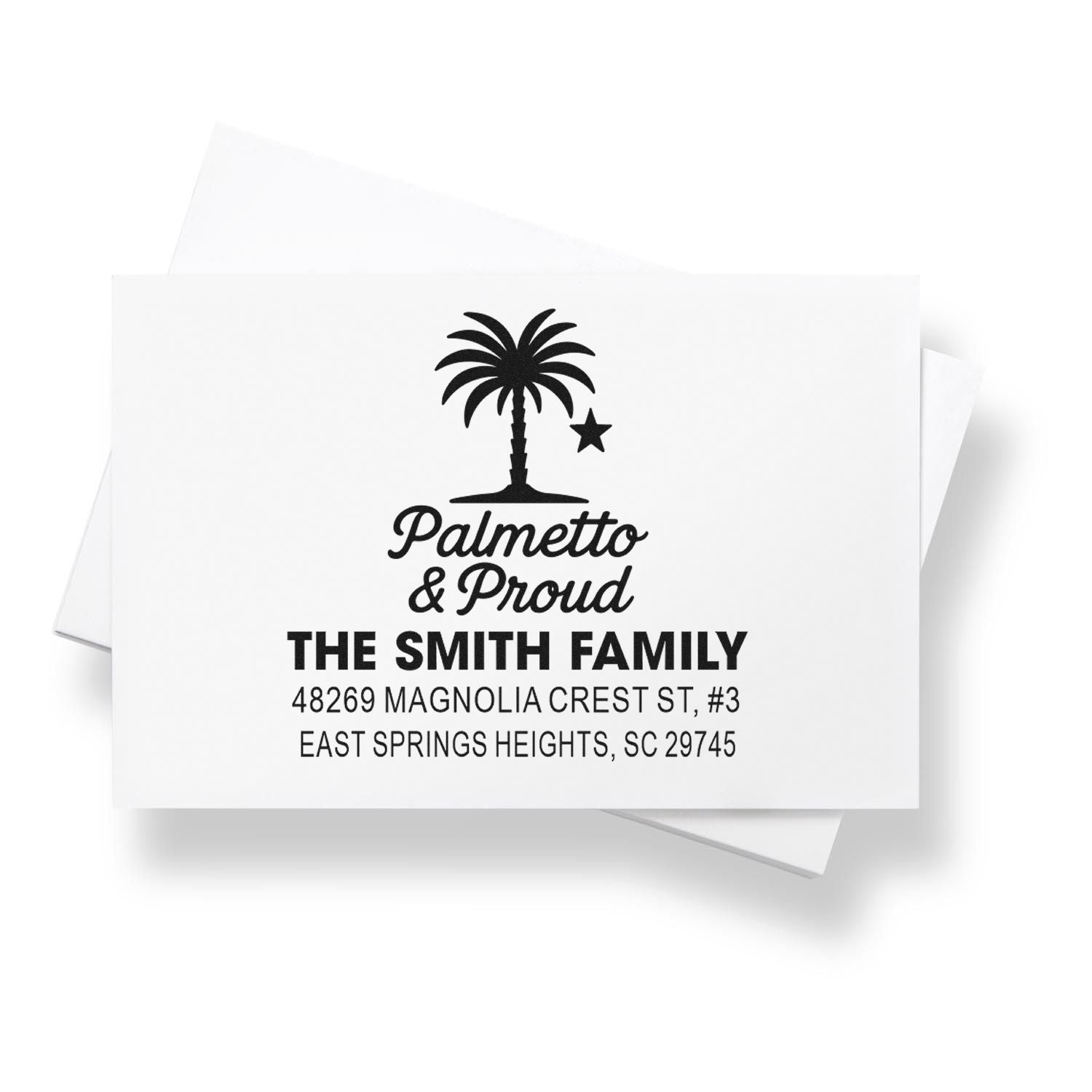 Custom South Carolina family return address rubber stamp with palmetto tree design and Smith Family address.