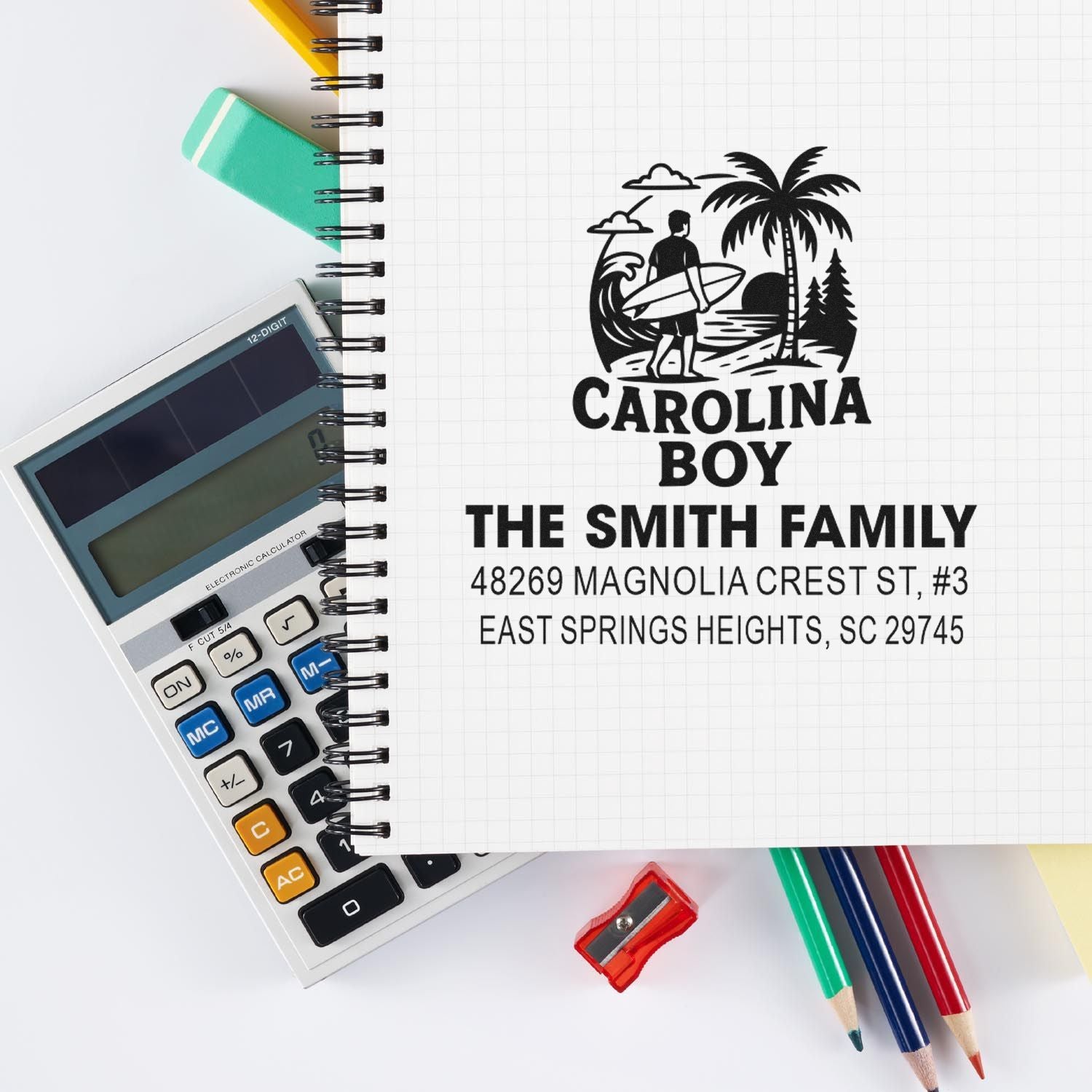 Personalized rubber stamp design with surf graphic and family address for The Smith Family, East Springs Heights, SC.
